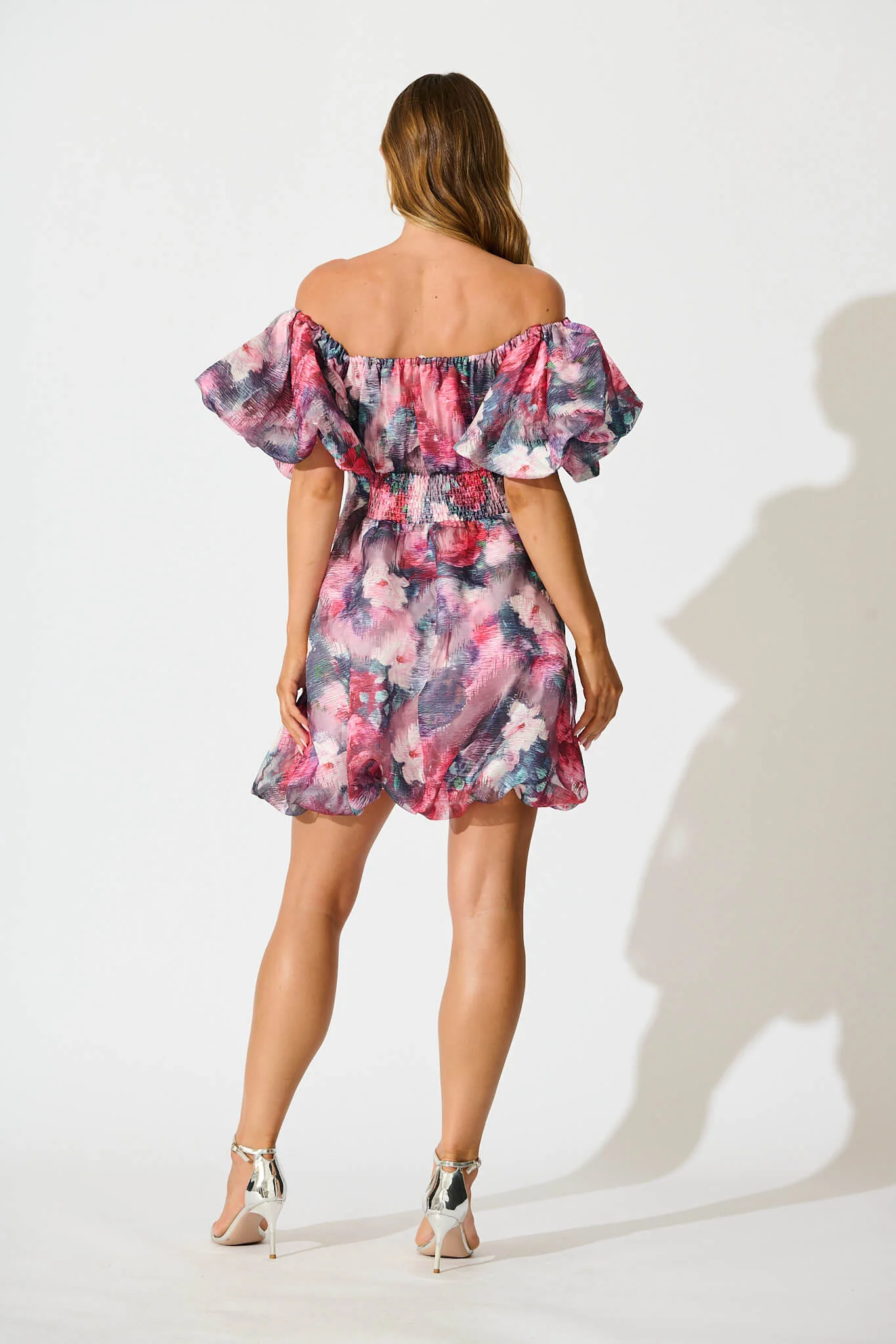 Solaris Bubble Hem Dress in Pink with Multi Floral Organza - Image 4
