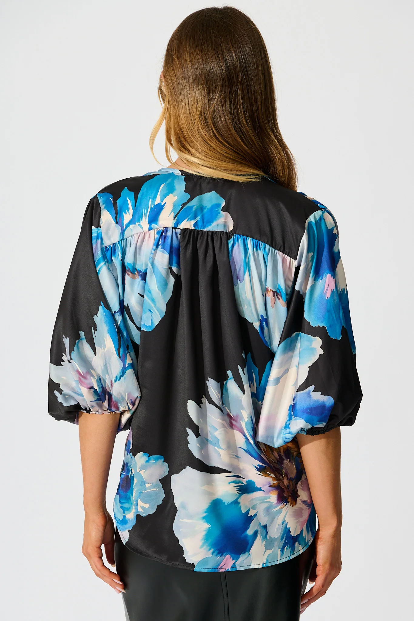 Solita Top in Black with Blue Floral Satin - Image 3