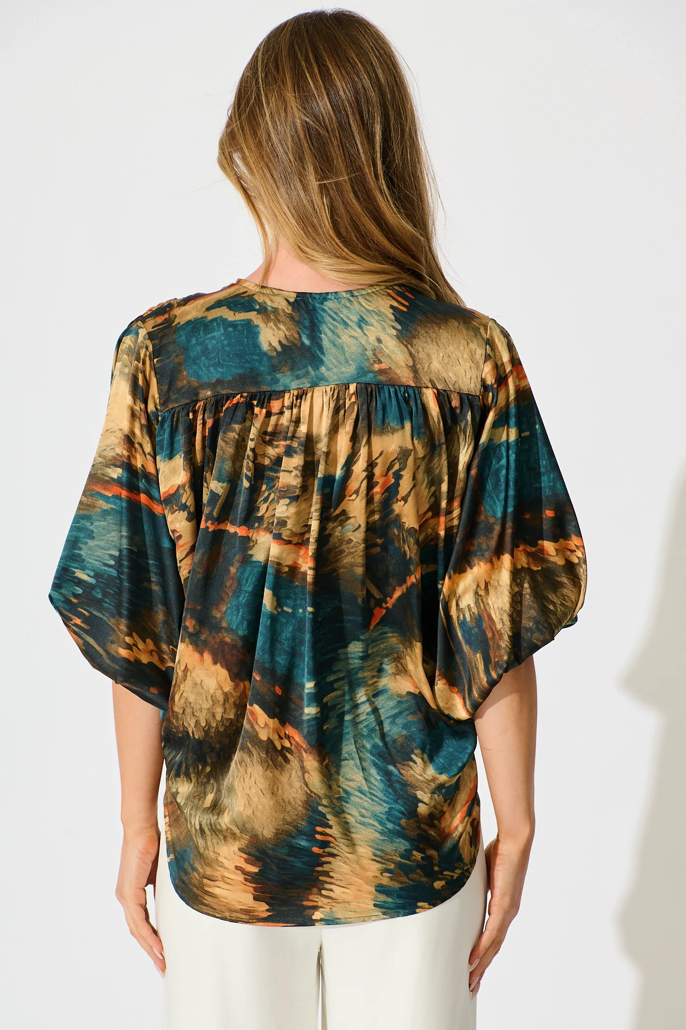 Solita Top in Teal Multi Watercolour Satin - Image 3