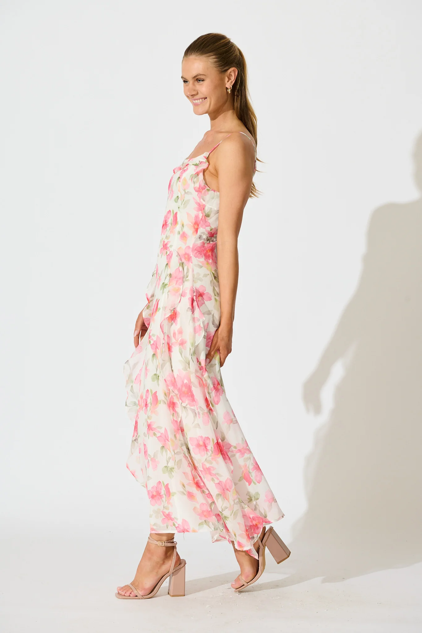 Song Of Bloom Maxi Dress in White with Pink Floral - Image 3