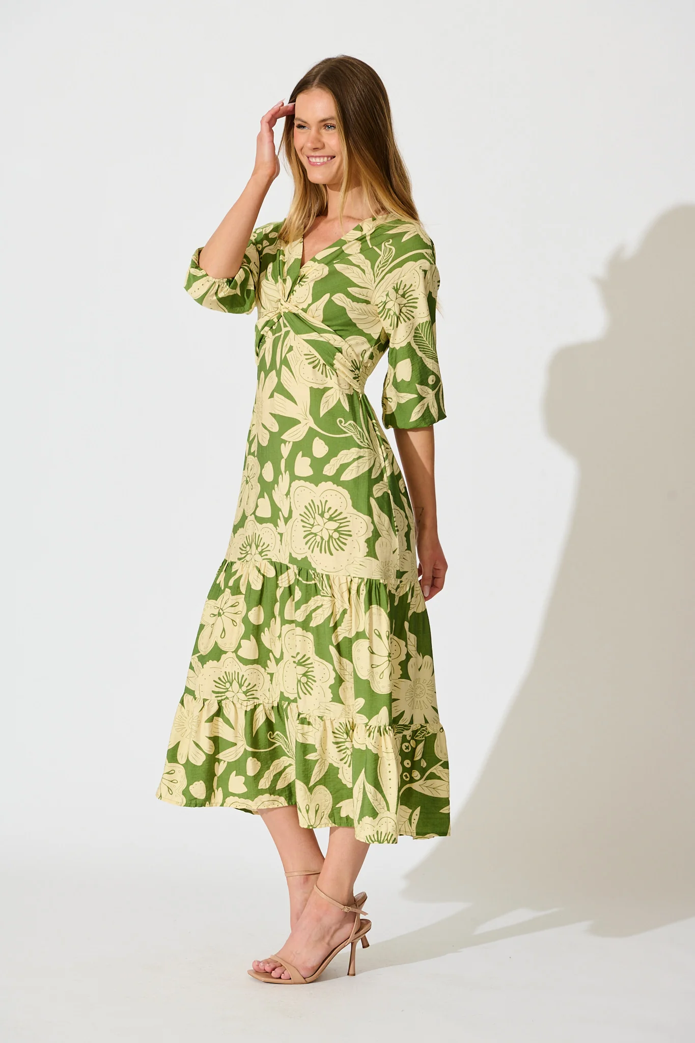Sonnet Midi Dress in Green with Cream Floral - Image 3