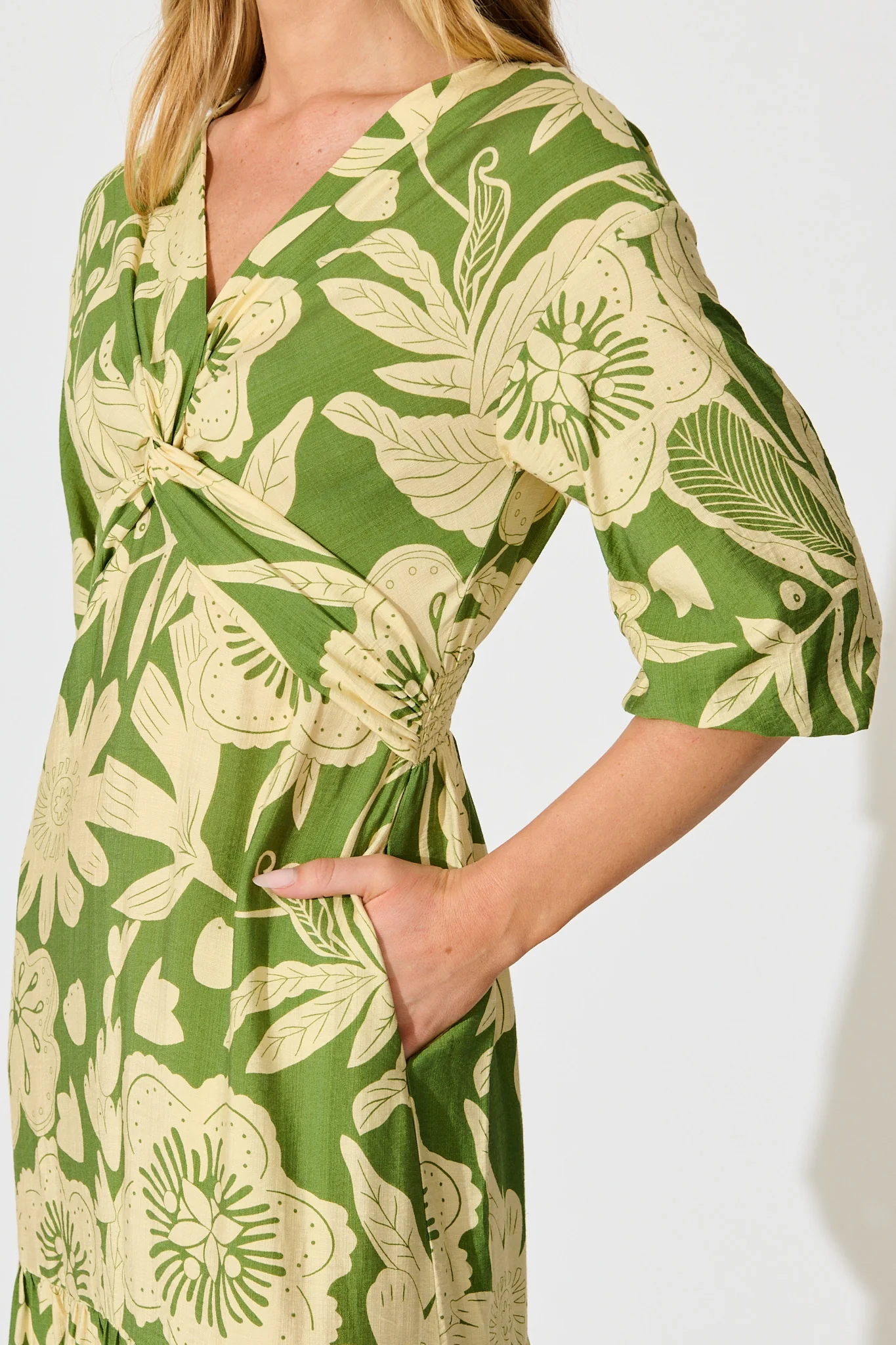 Sonnet Midi Dress in Green with Cream Floral - Image 5