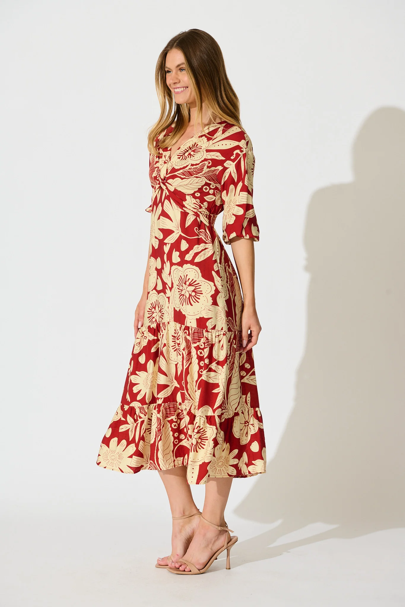 Sonnet Midi Dress in Red with Cream Floral - Image 3