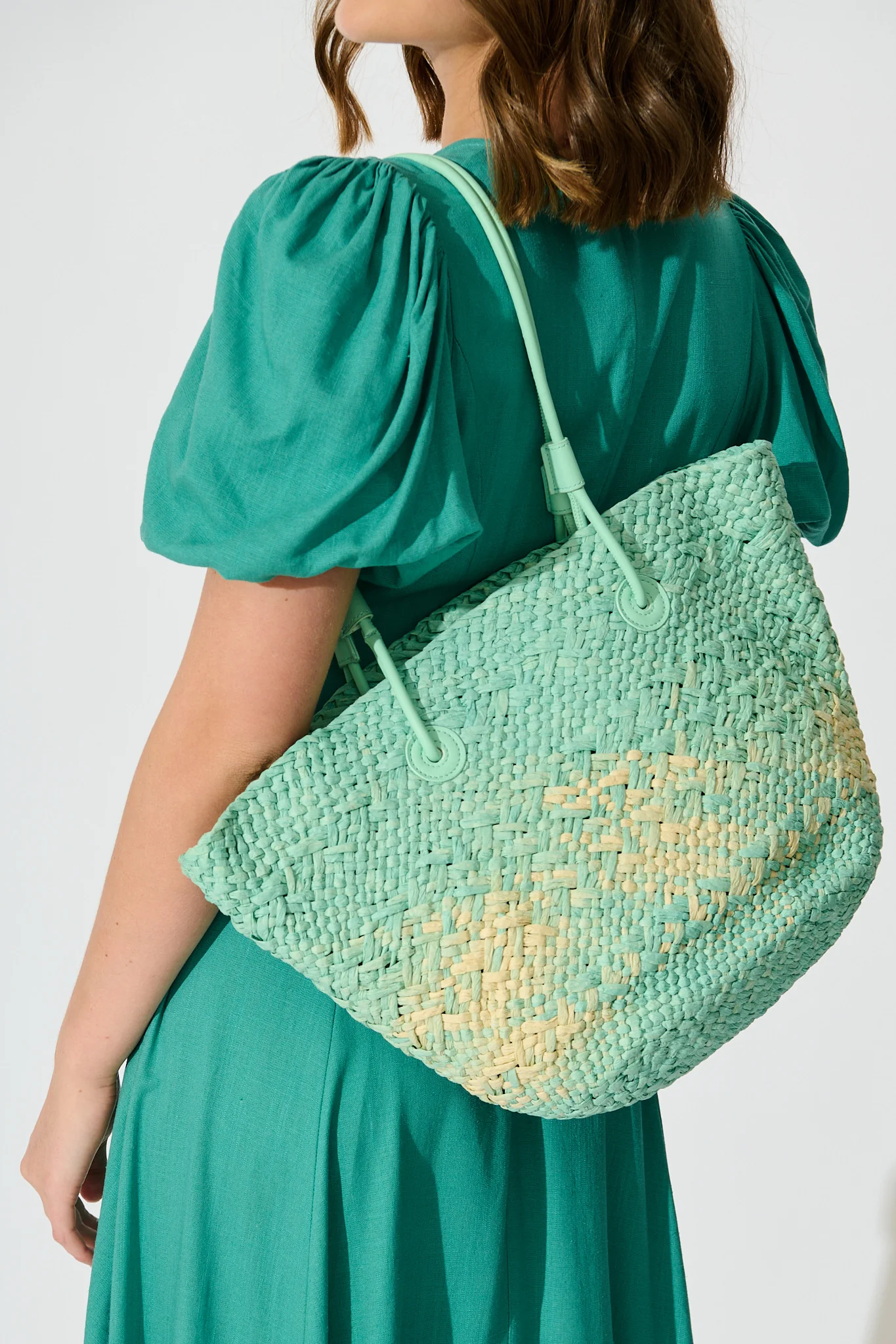 Sorrento Tote Bag in Aqua and Beige Raffia - Image 4