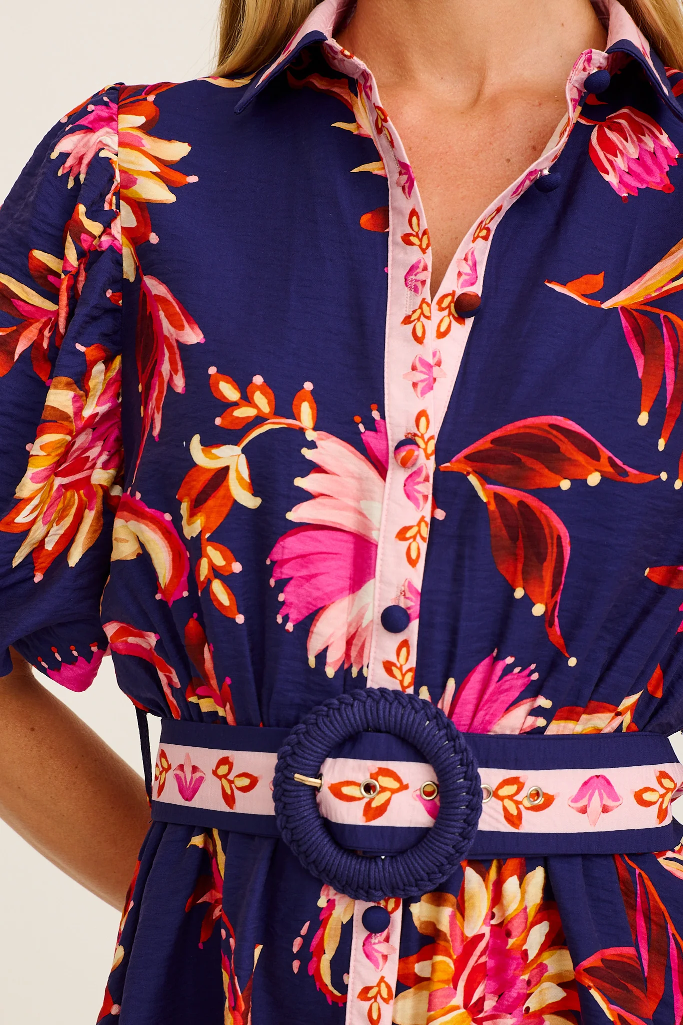 Soulful Shirt Dress in Navy with Pink Floral Linen Blend - Image 5