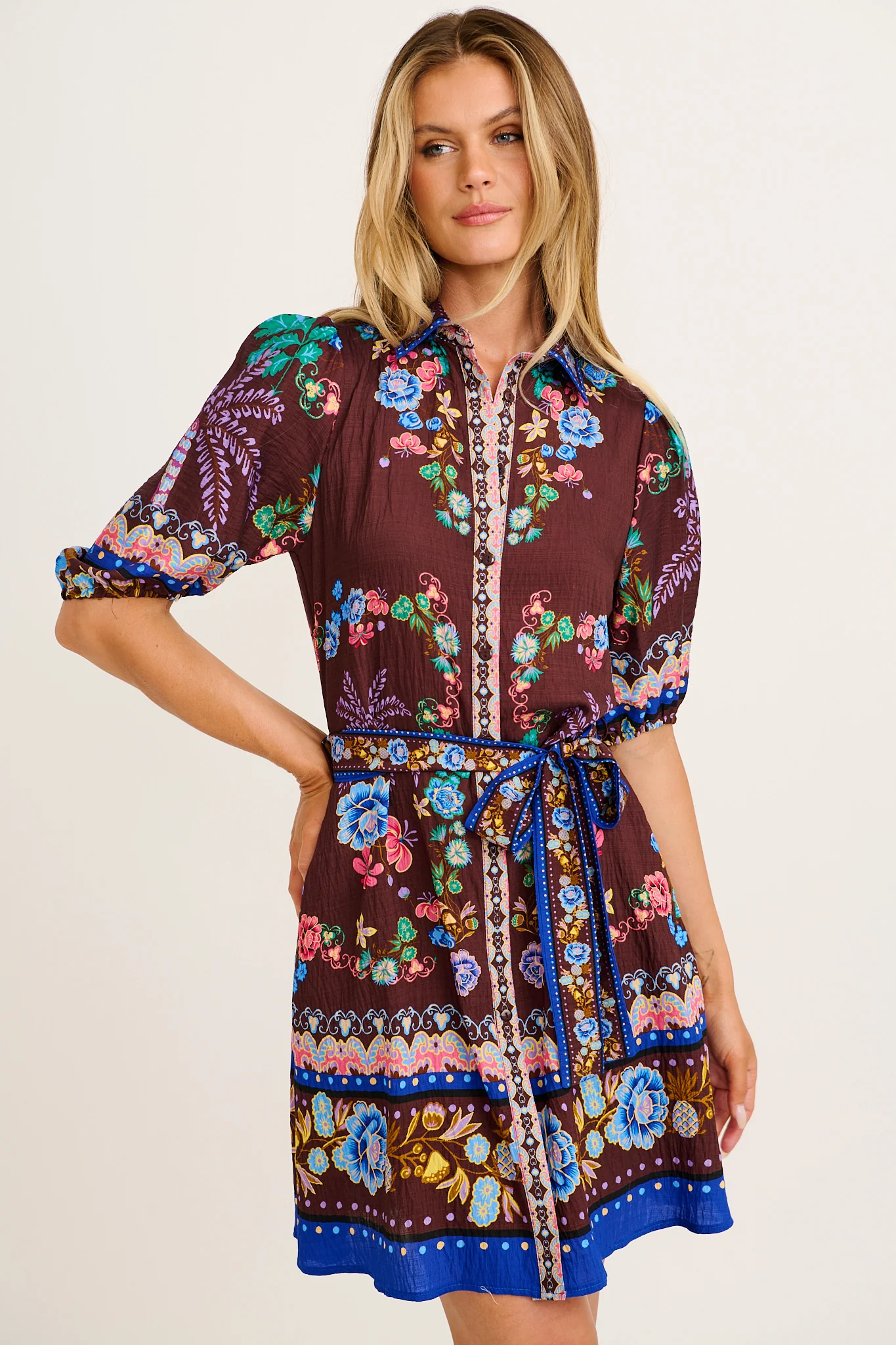 Spirit Shirt Dress in Chocolate Multi Floral Print Linen Blend - Image 2