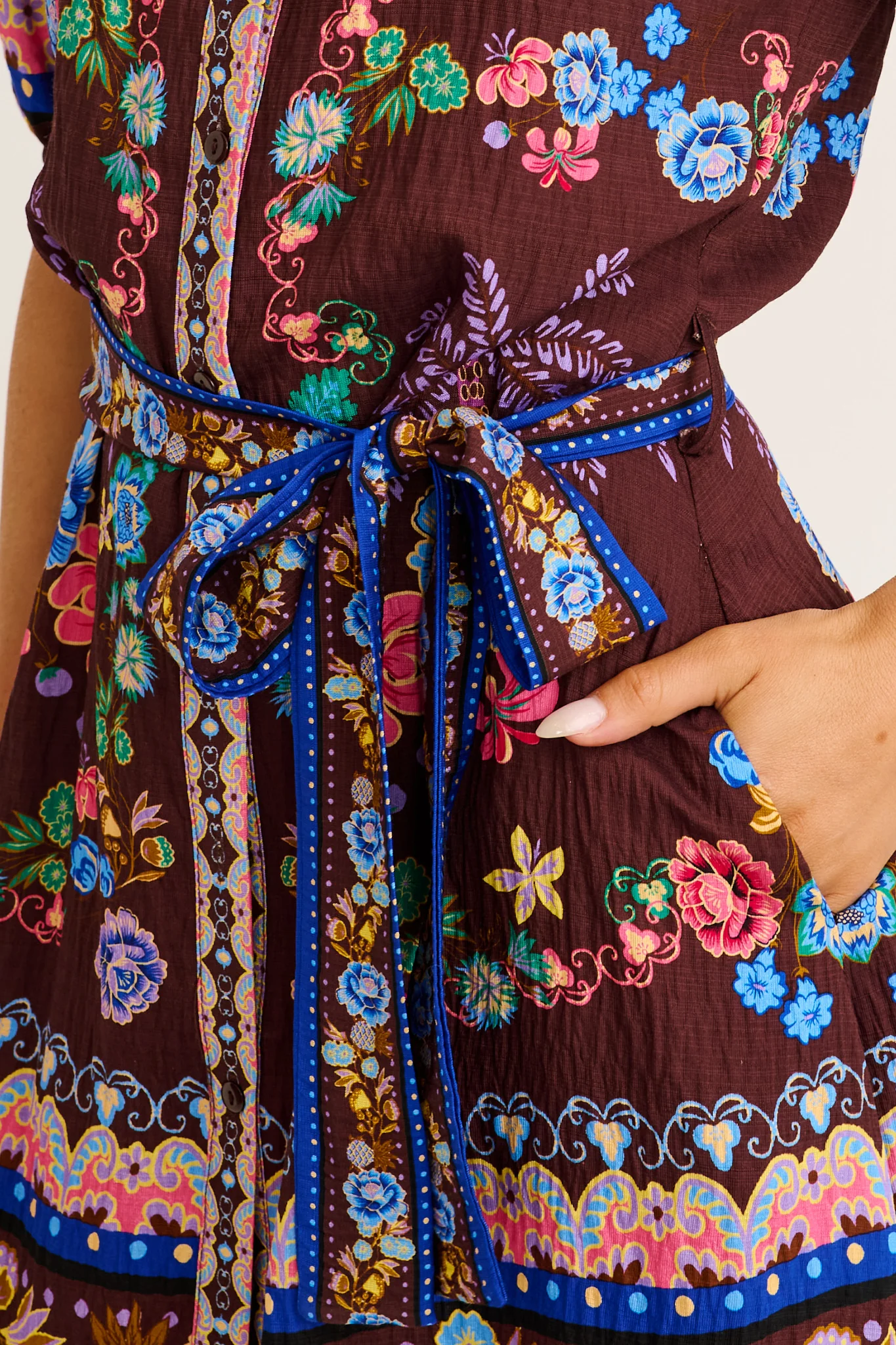 Spirit Shirt Dress in Chocolate Multi Floral Print Linen Blend - Image 5