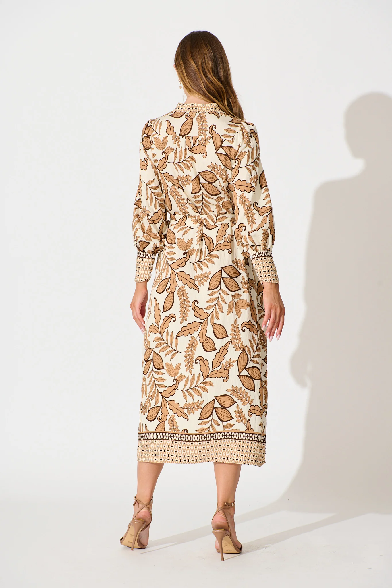Splendour Midi Dress in Cream with Brown Leaf - Image 4