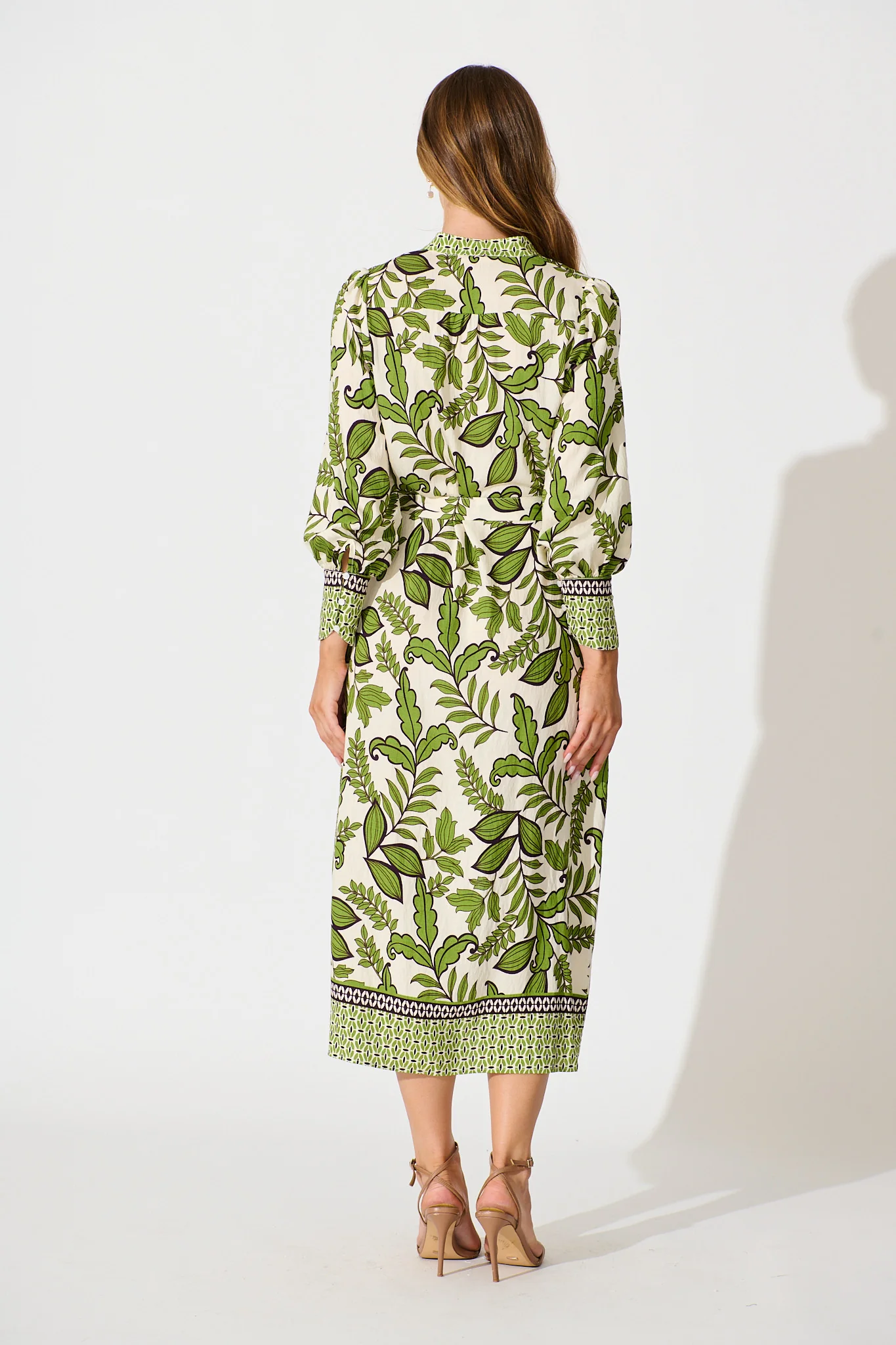 Splendour Midi Dress in Cream with Green Leaf - Image 4