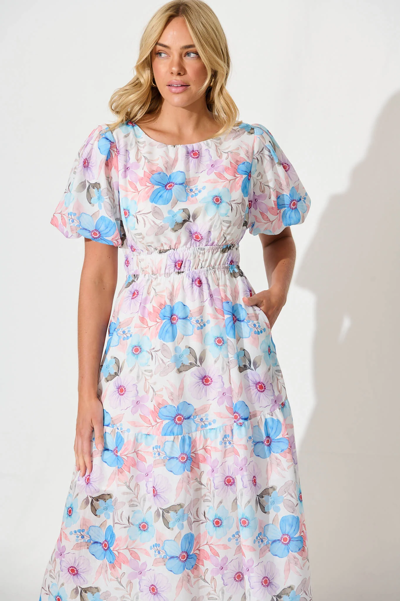 Stargazer Midi Dress in Multi Blue Floral Cotton Blend - Image 2