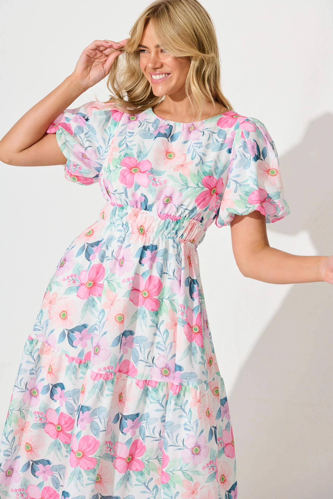 Stargazer Midi Dress in Multi Pink Floral Cotton Blend - Image 2
