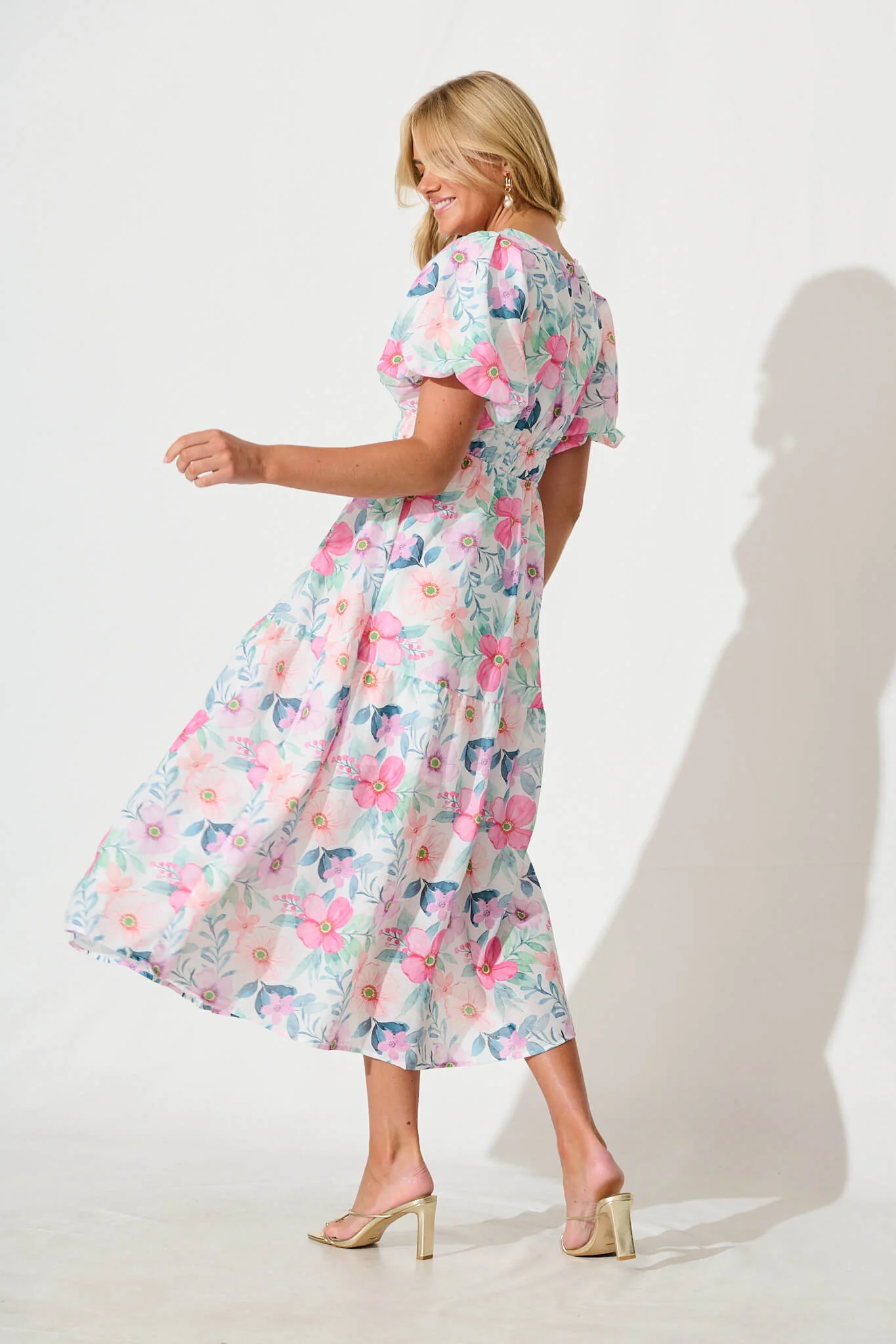 Stargazer Midi Dress in Multi Pink Floral Cotton Blend - Image 4