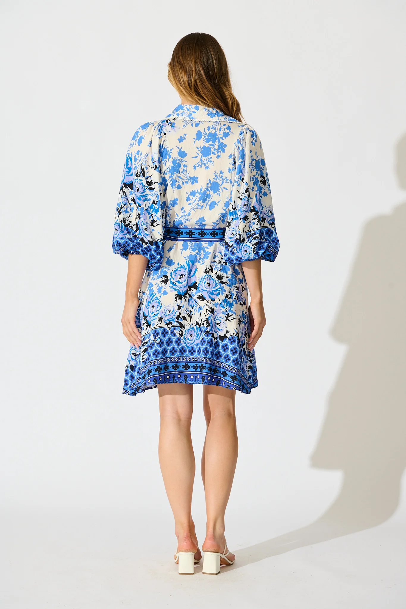 Starlet Boho Shirt Dress in Blue Floral Linen Blend - Image 4