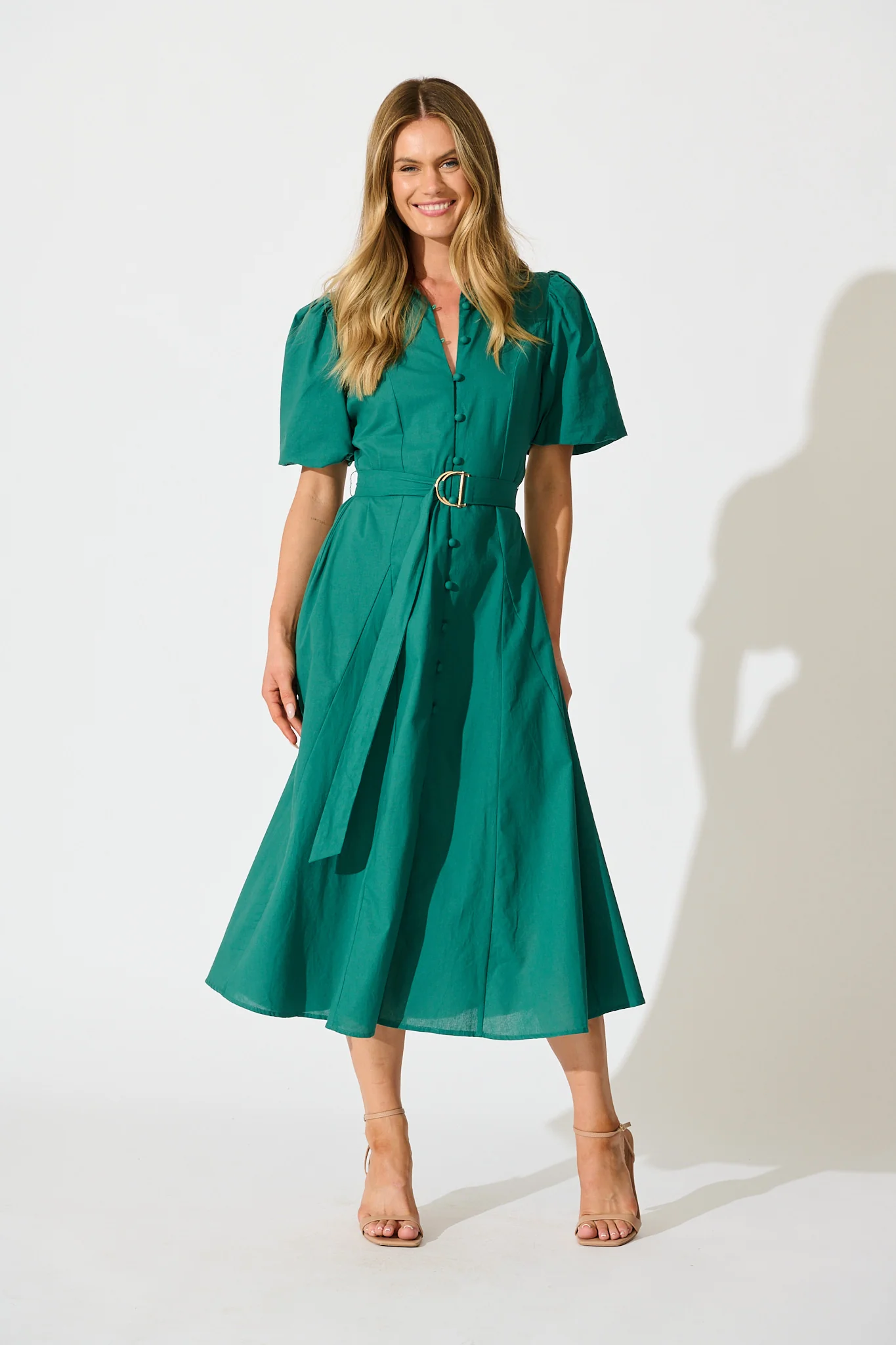 Starlit Midi Shirt Dress in Green Cotton