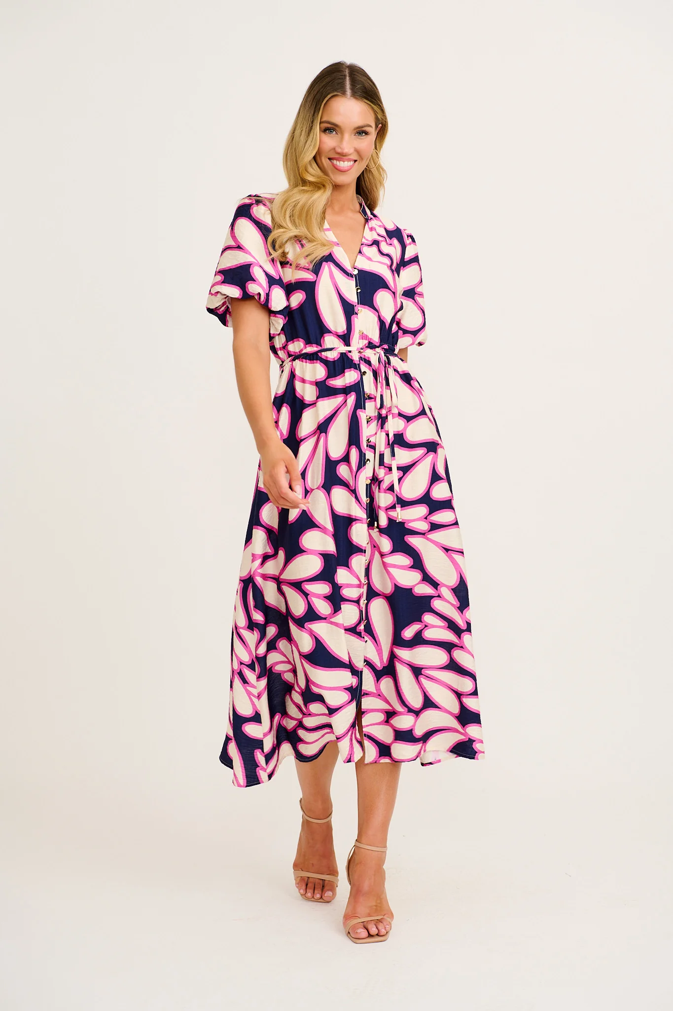 Starstruck Midi Dress in Navy with Pink Print Linen Blend