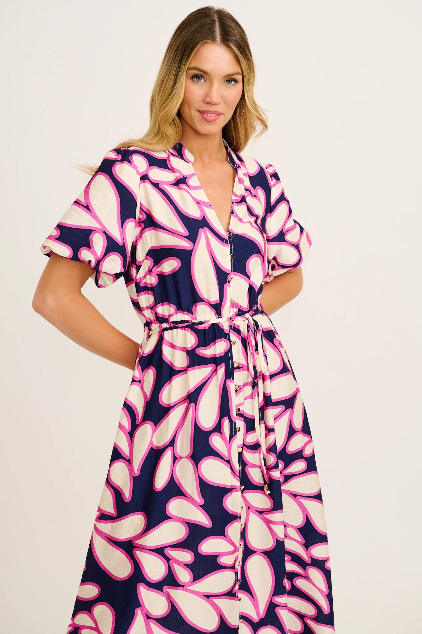 Starstruck Midi Dress in Navy with Pink Print Linen Blend - Image 2