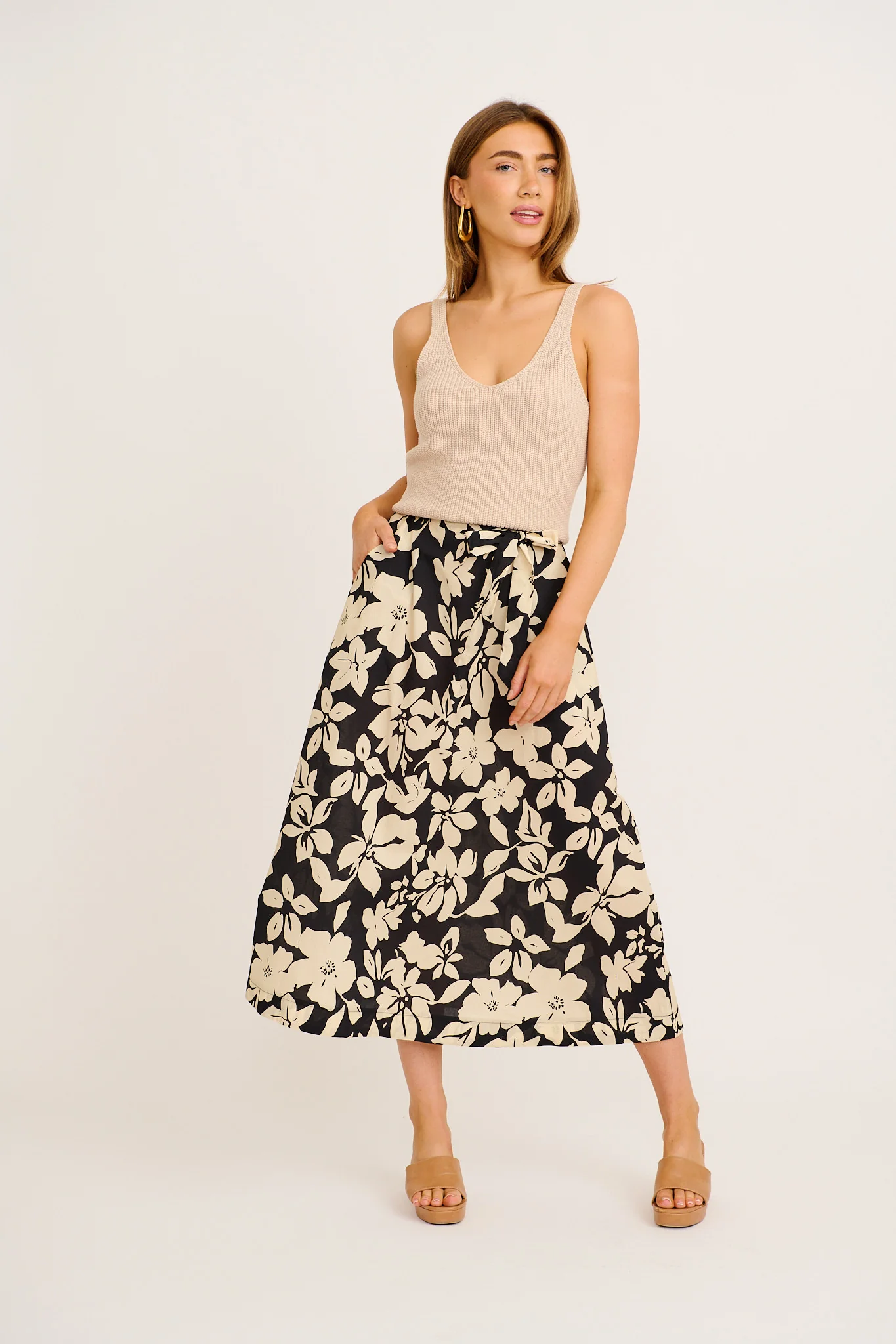 Statement Maxi Skirt in Cream with Black Floral Cotton - Image 4