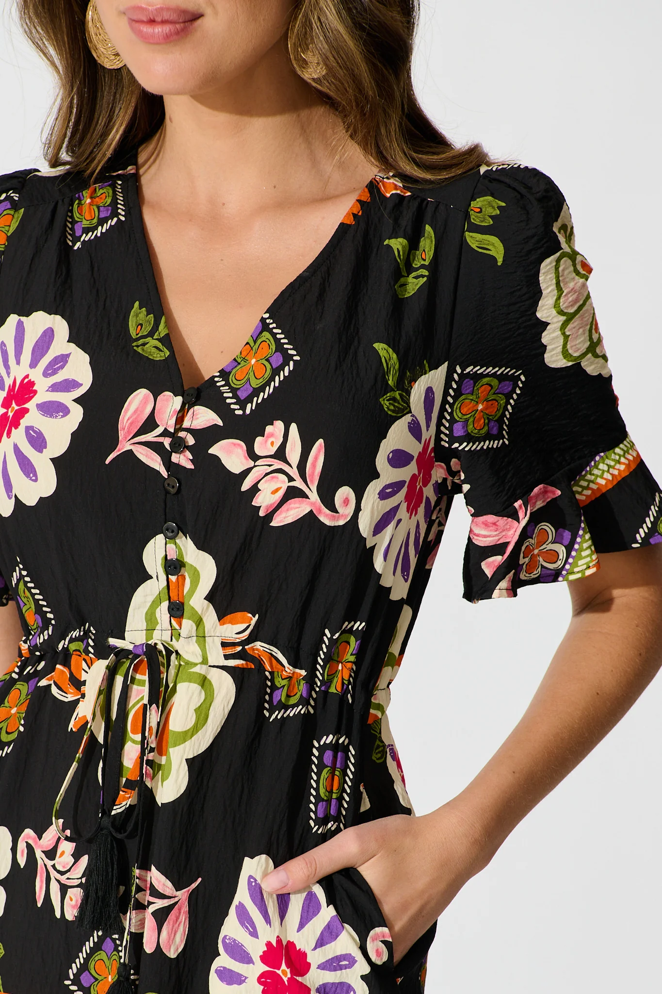 Steele Midi Dress in Black with Multi Floral Print - Image 5