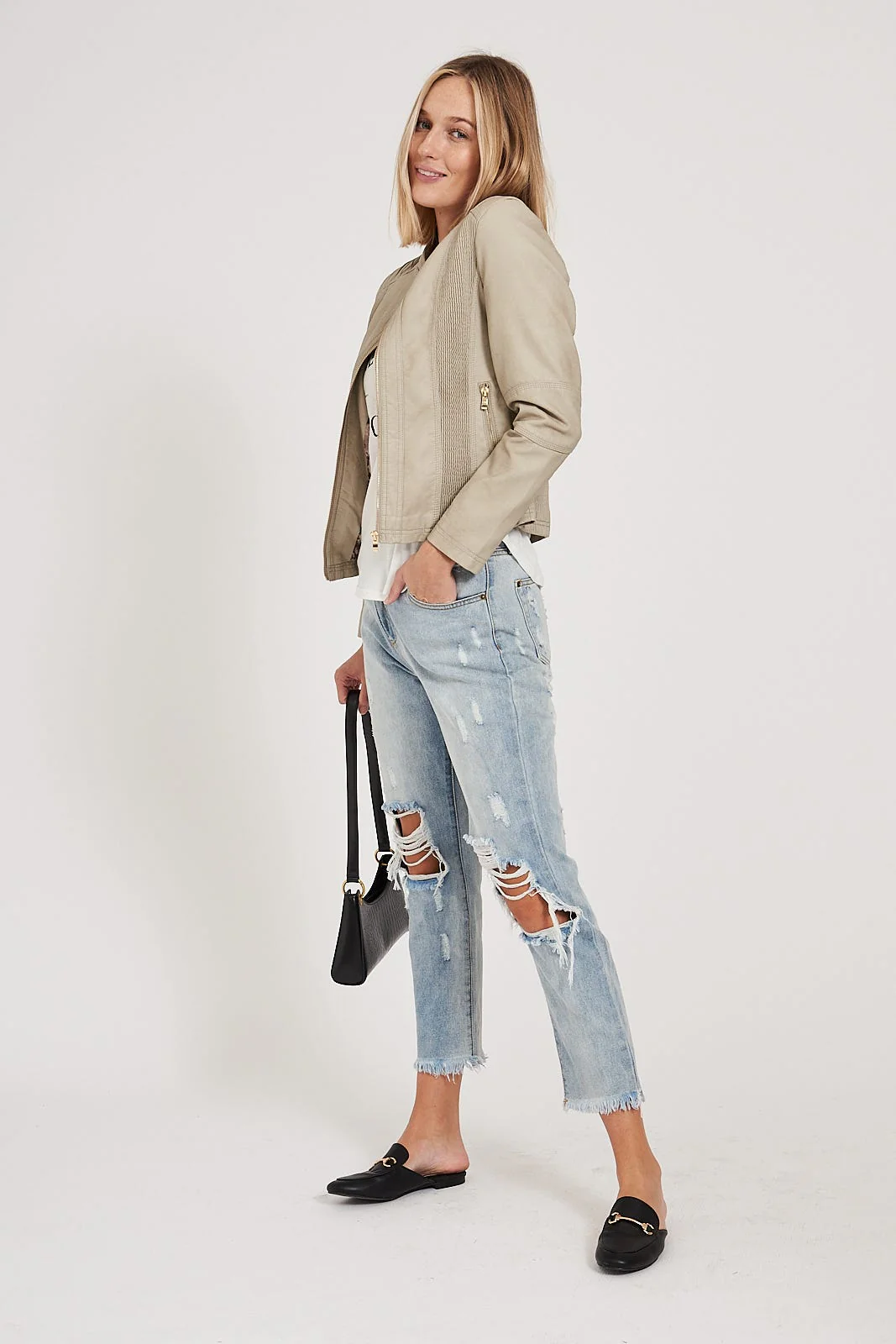 Stefany Biker Jacket in Stone - Image 3