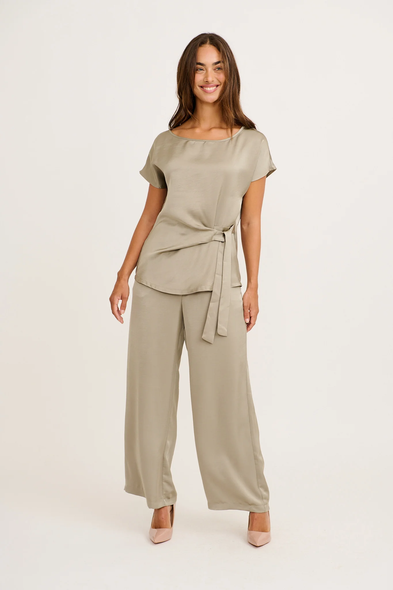 Stina Pant in Khaki Satin - Image 4