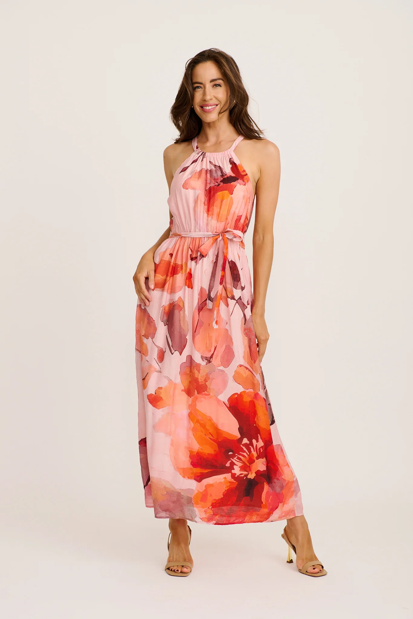 Style Flicker Halterneck Maxi Dress in Pink with Tangerine Floral