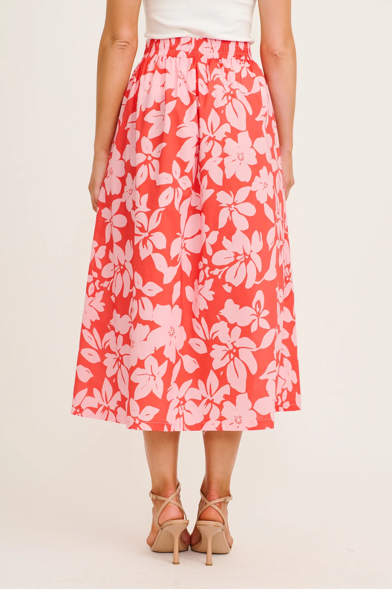 Stylish Structure Maxi Skirt in Red with Pink Floral Cotton - Image 3