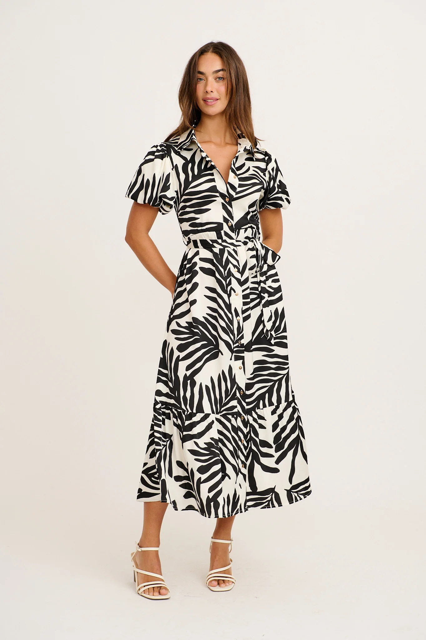 Stylish World Maxi Shirt Dress in Black and White Satin
