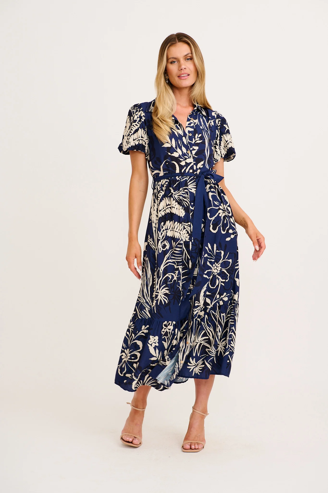 Stylish World Maxi Shirt Dress in Navy with Cream print