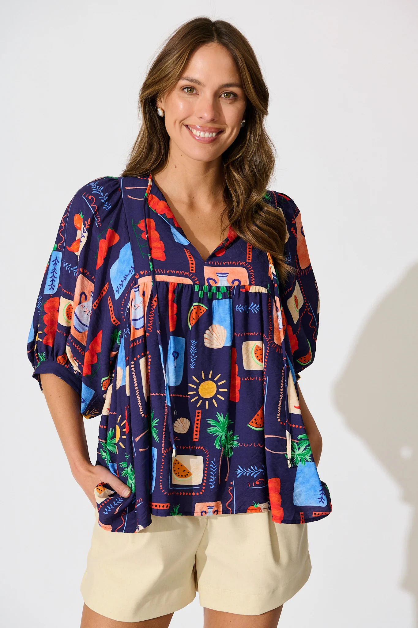 Suella Top in Navy Multi Print Linen Blend