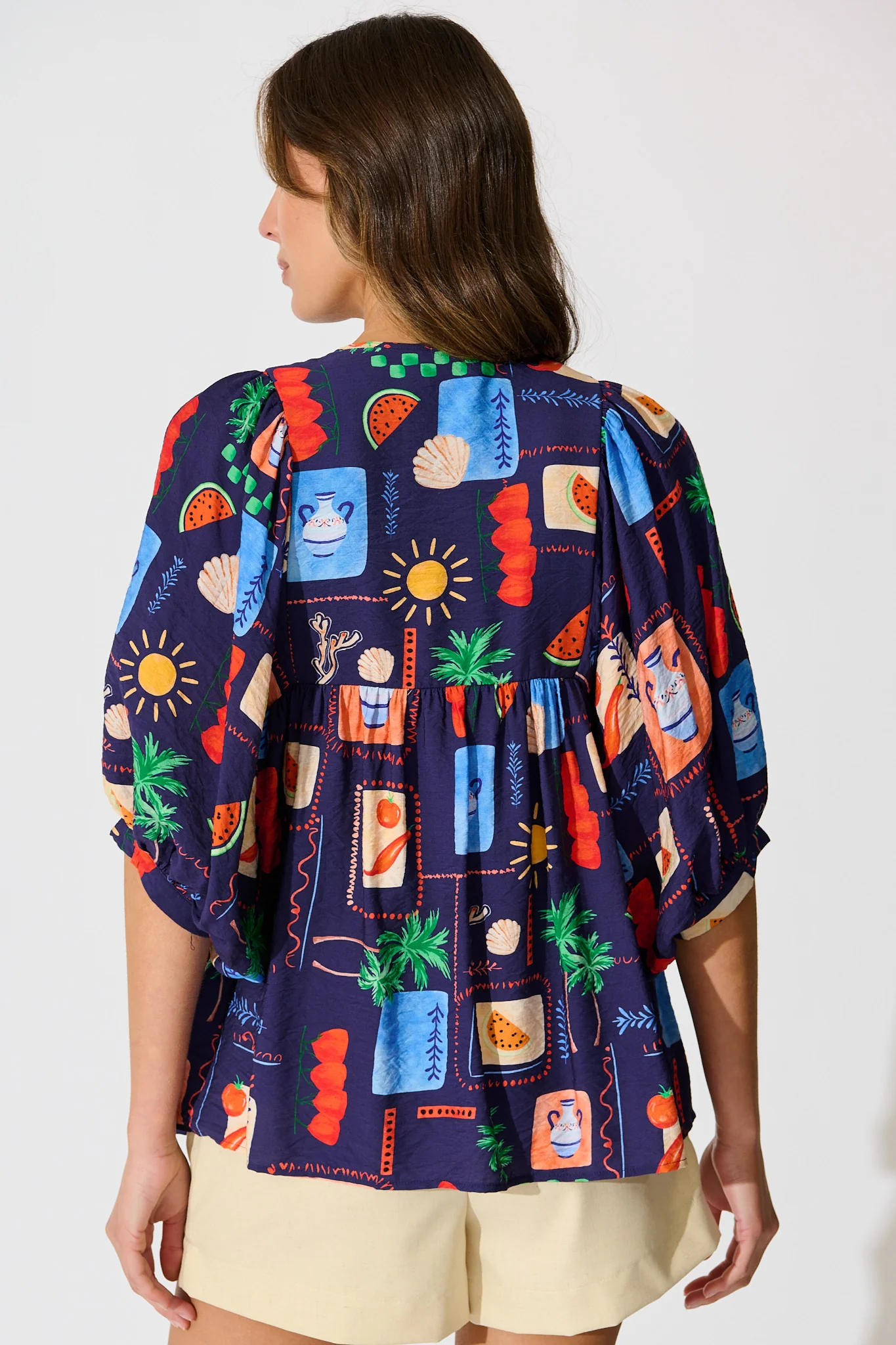 Suella Top in Navy Multi Print Linen Blend - Image 4