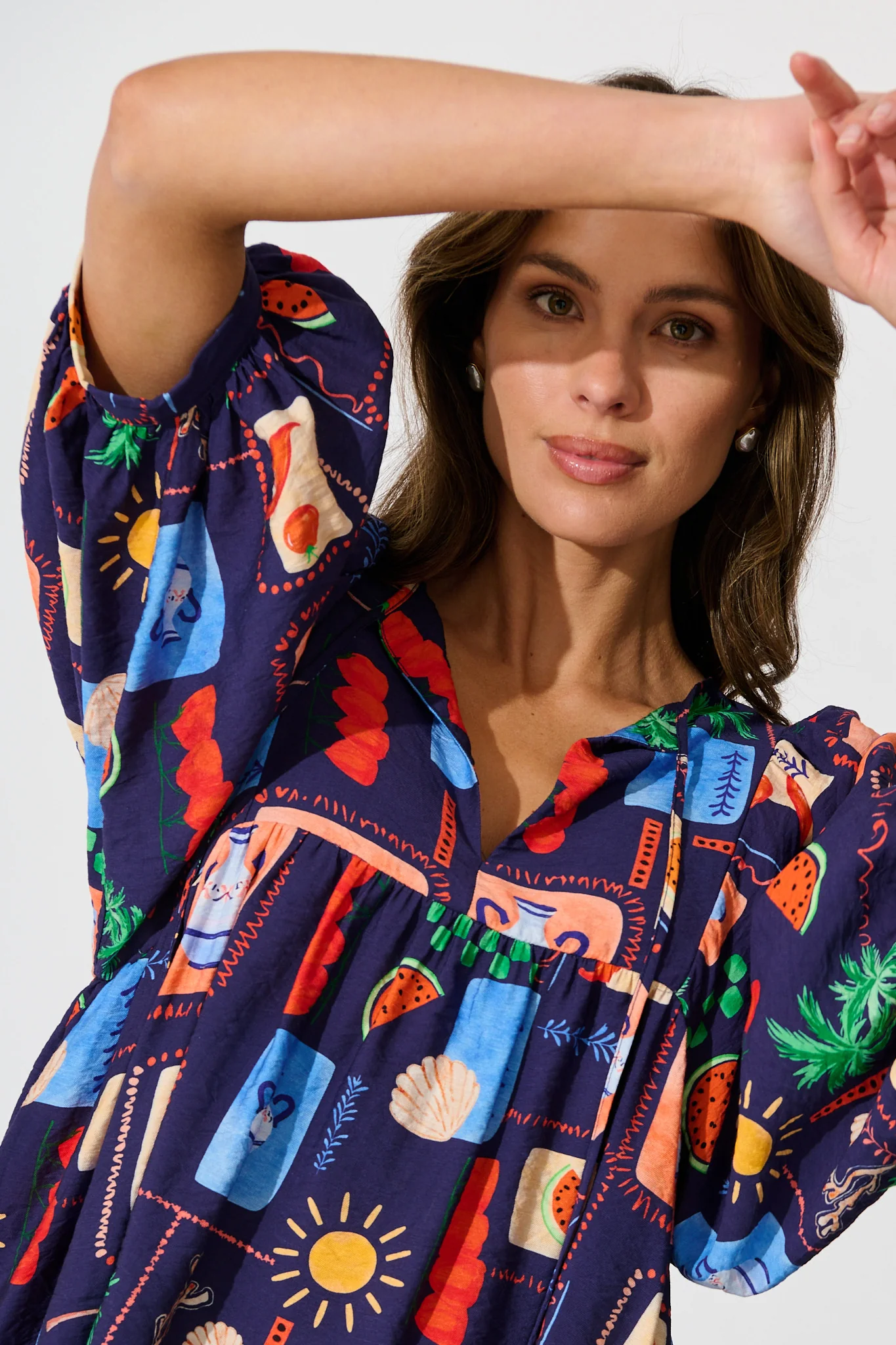 Suella Top in Navy Multi Print Linen Blend - Image 6