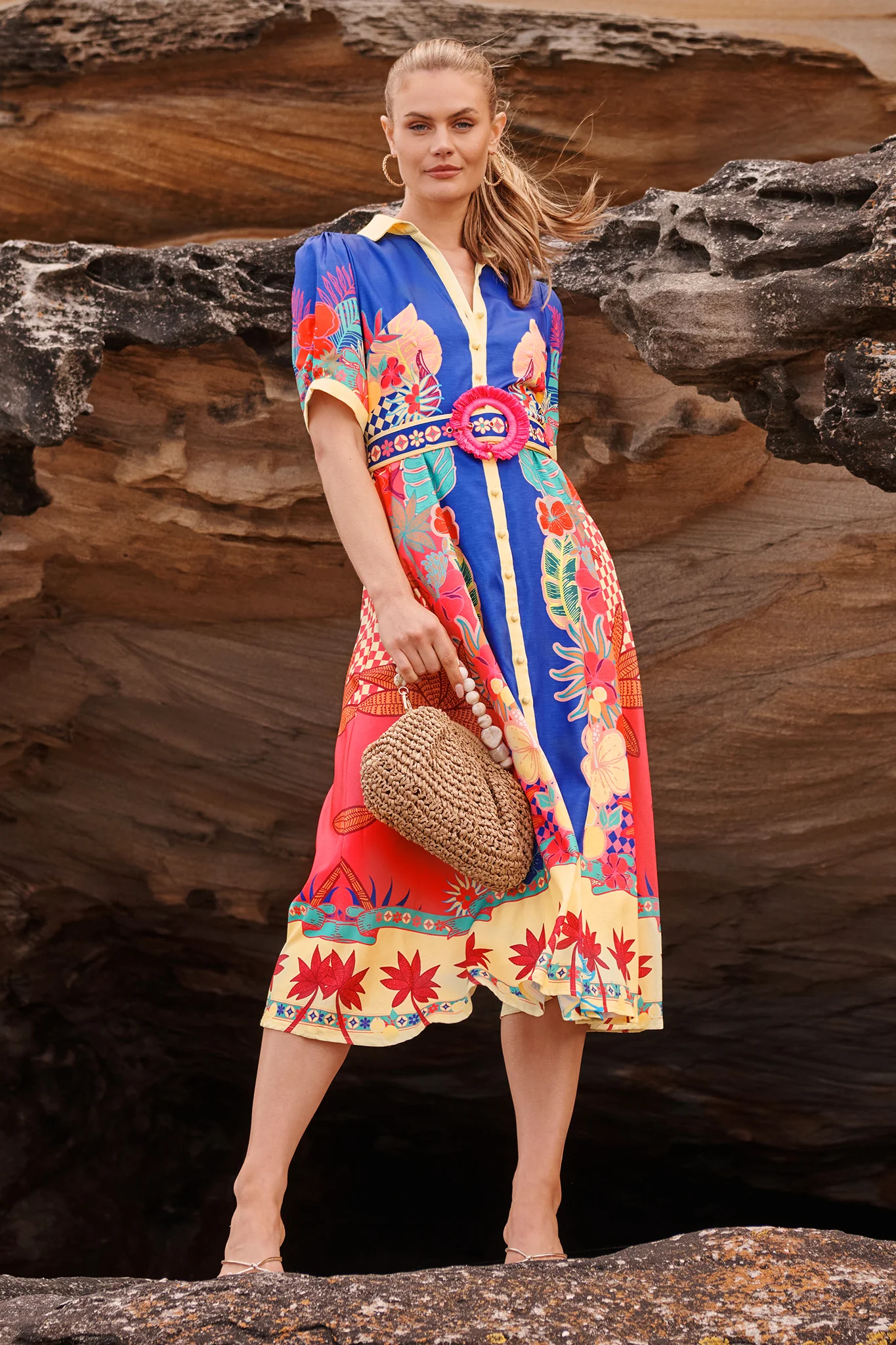 Sunbeam Maxi Shirt Dress in Blue with Multi Print Linen Blend - Image 2