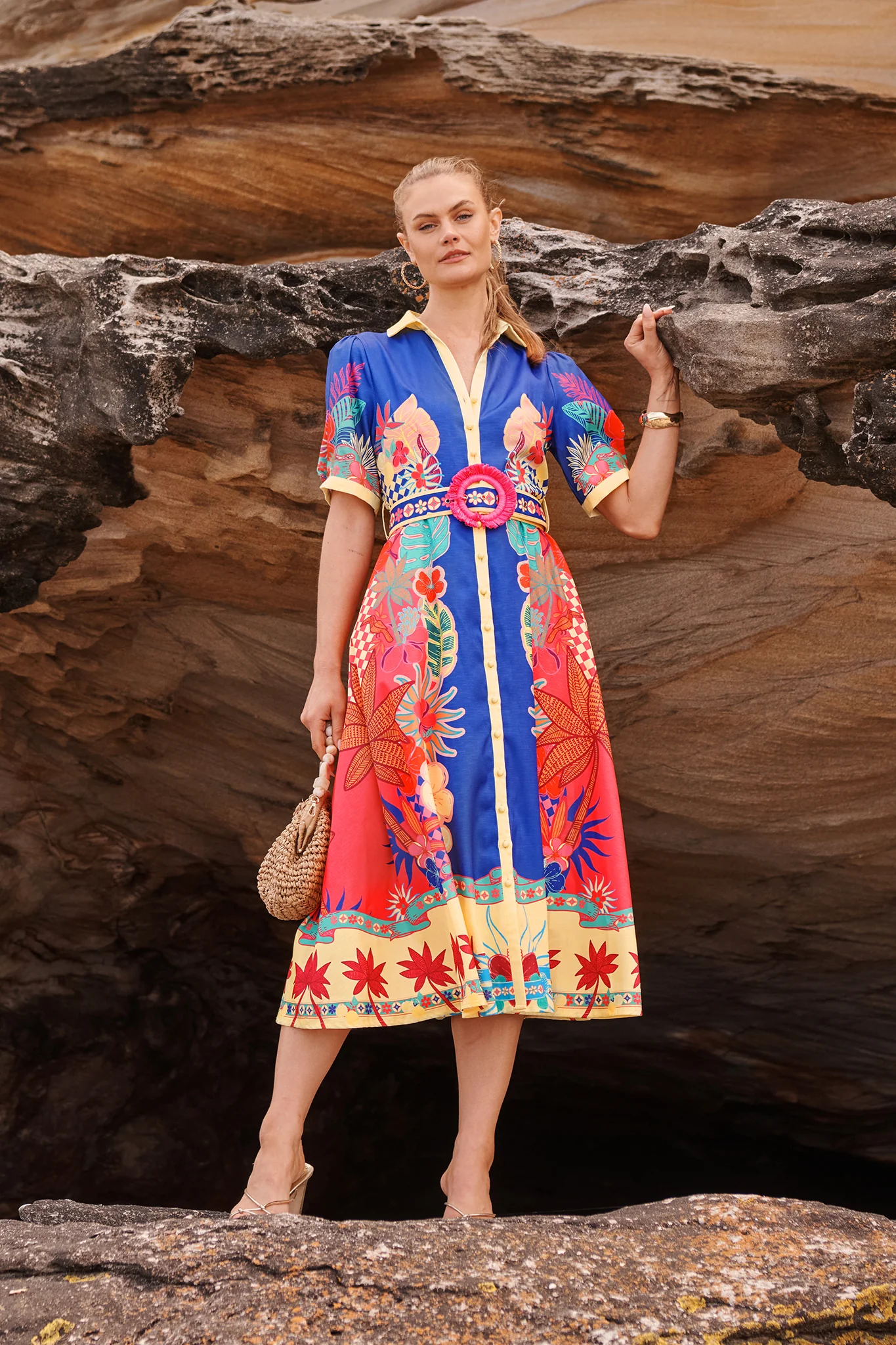 Sunbeam Maxi Shirt Dress in Blue with Multi Print Linen Blend - Image 5