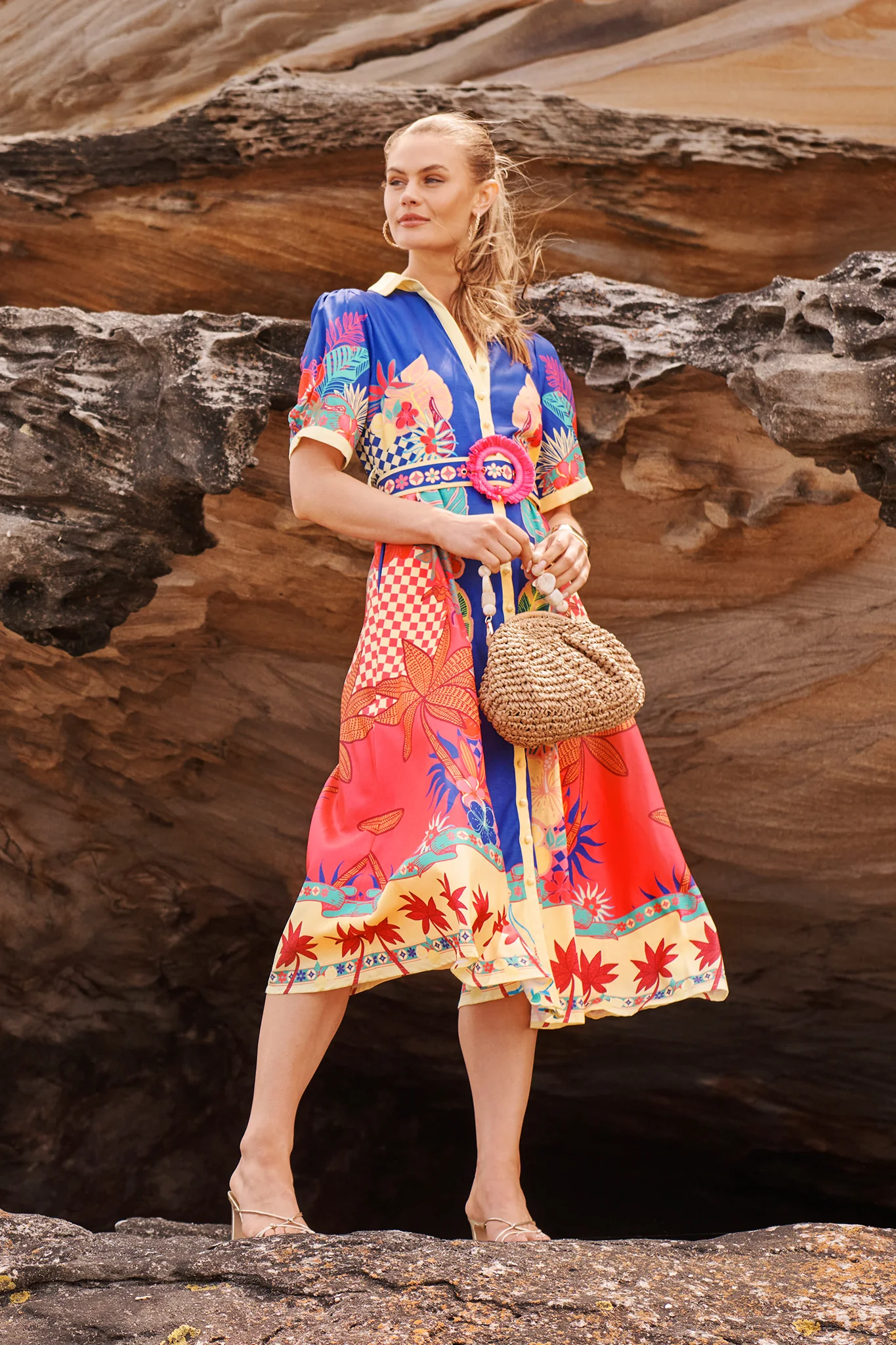 Sunbeam Maxi Shirt Dress in Blue with Multi Print Linen Blend - Image 6