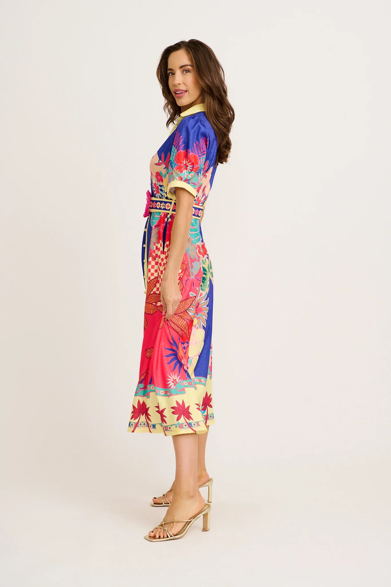 Sunbeam Maxi Shirt Dress in Blue with Multi Print Linen Blend - Image 9