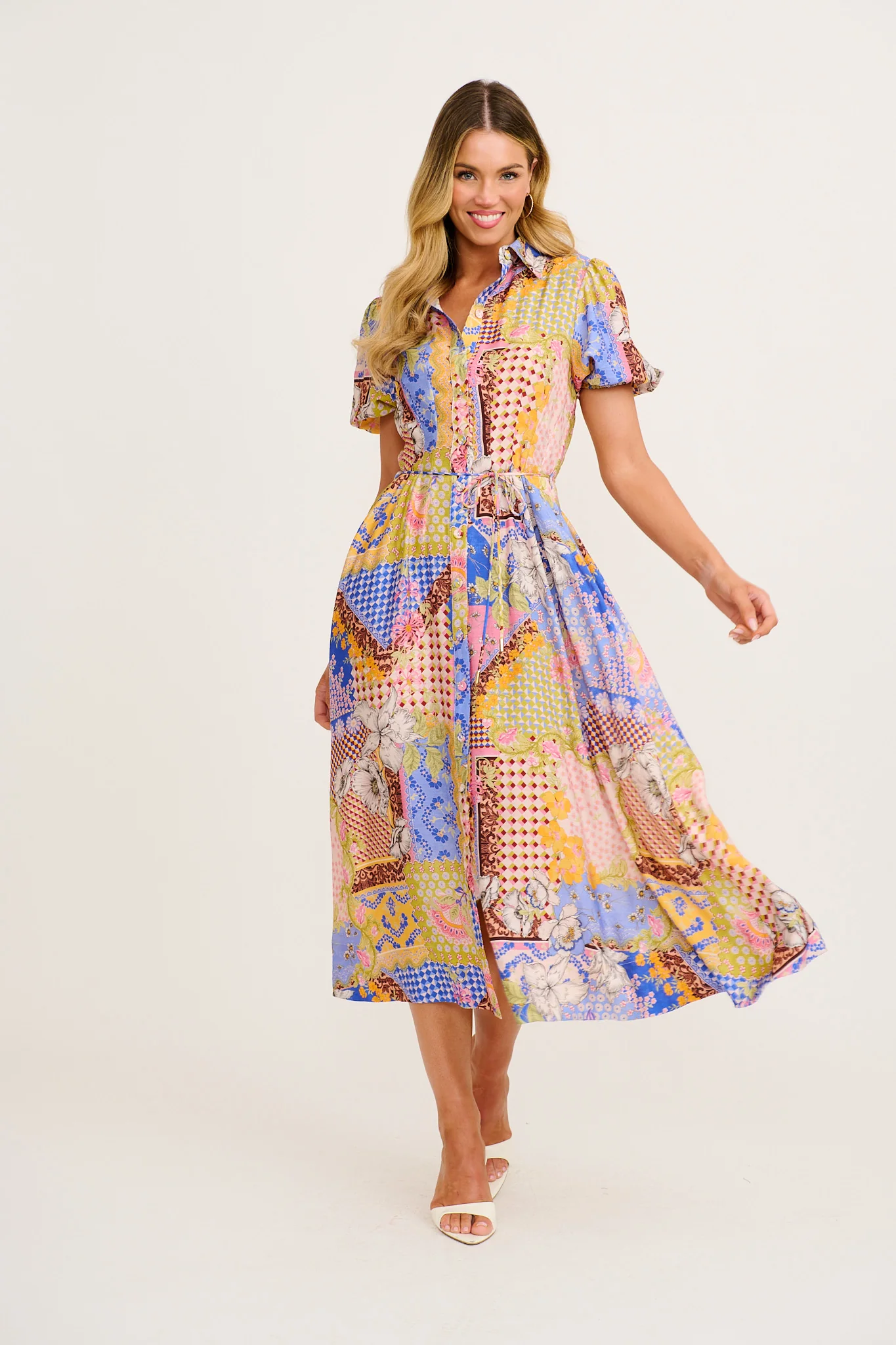 Sundrop Midi Shirt Dress in Multi Patchwork Print