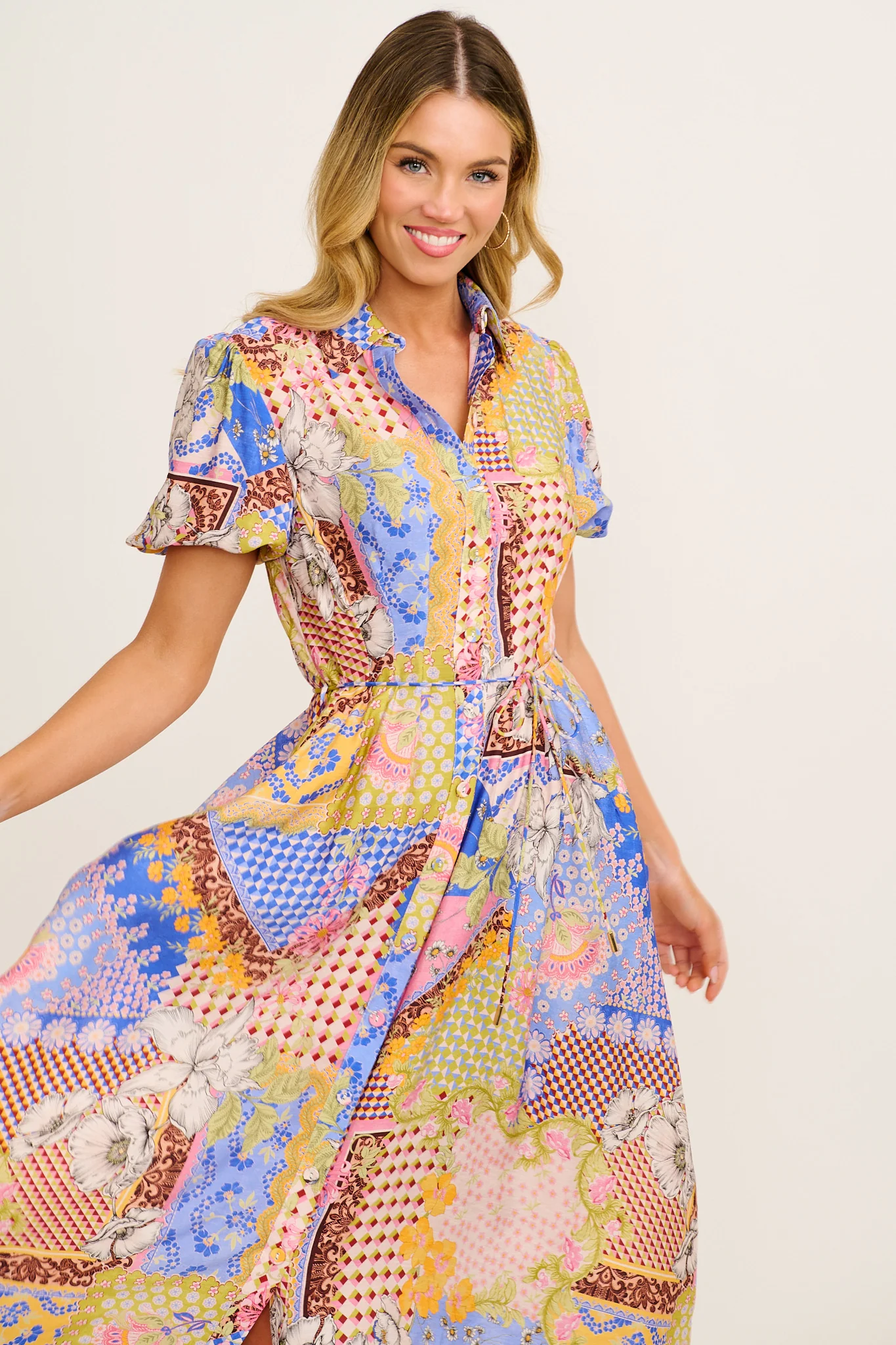 Sundrop Midi Shirt Dress in Multi Patchwork Print - Image 2