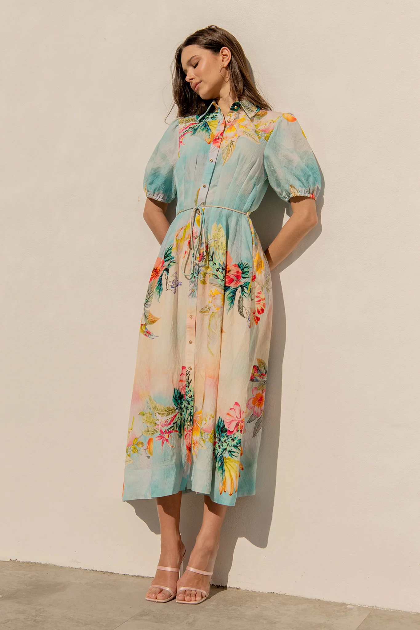 Sundrop Midi Shirt Dress in Multi Tropical Floral Print