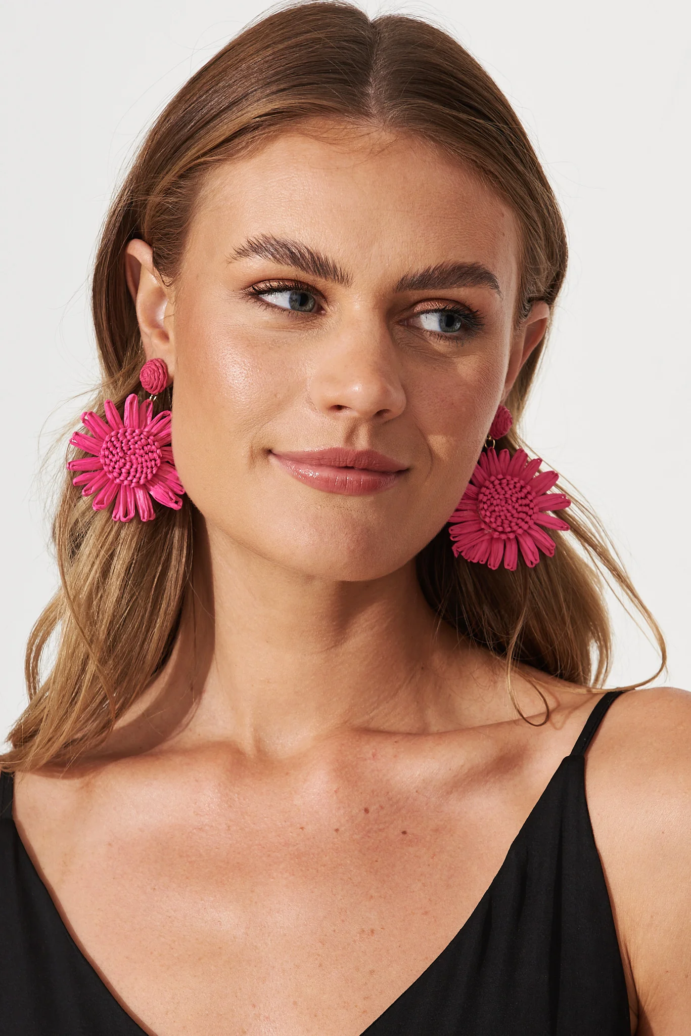 Sunlight Drop Earrings In Hot Pink Straw - Image 2