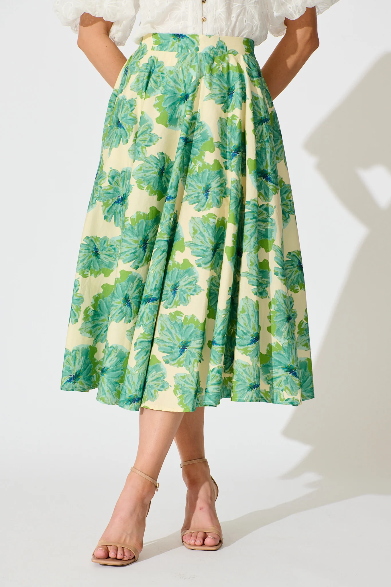 Sunlit Petals Midi Skirt in Green Floral Print Cotton