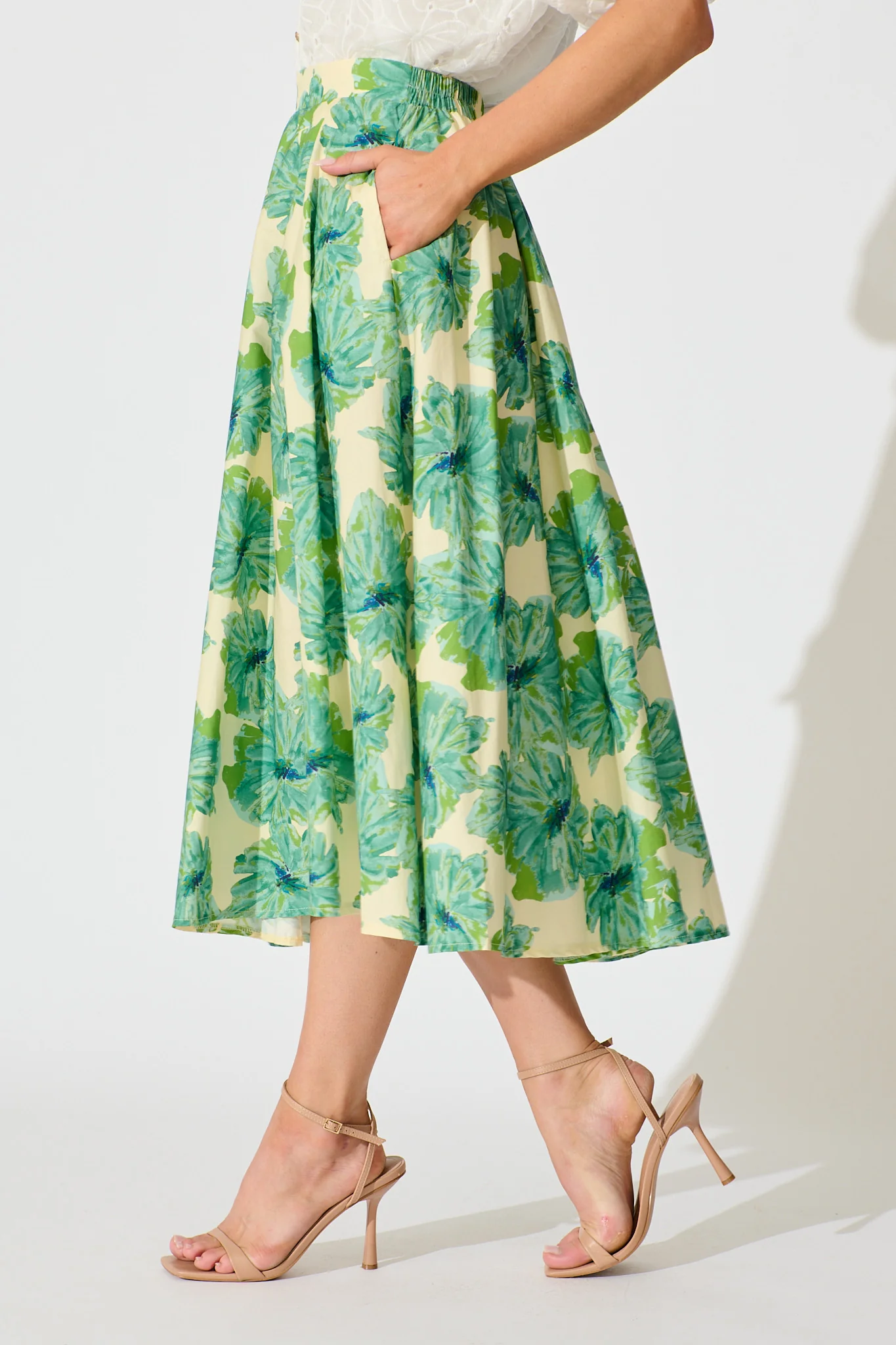 Sunlit Petals Midi Skirt in Green Floral Print Cotton - Image 2