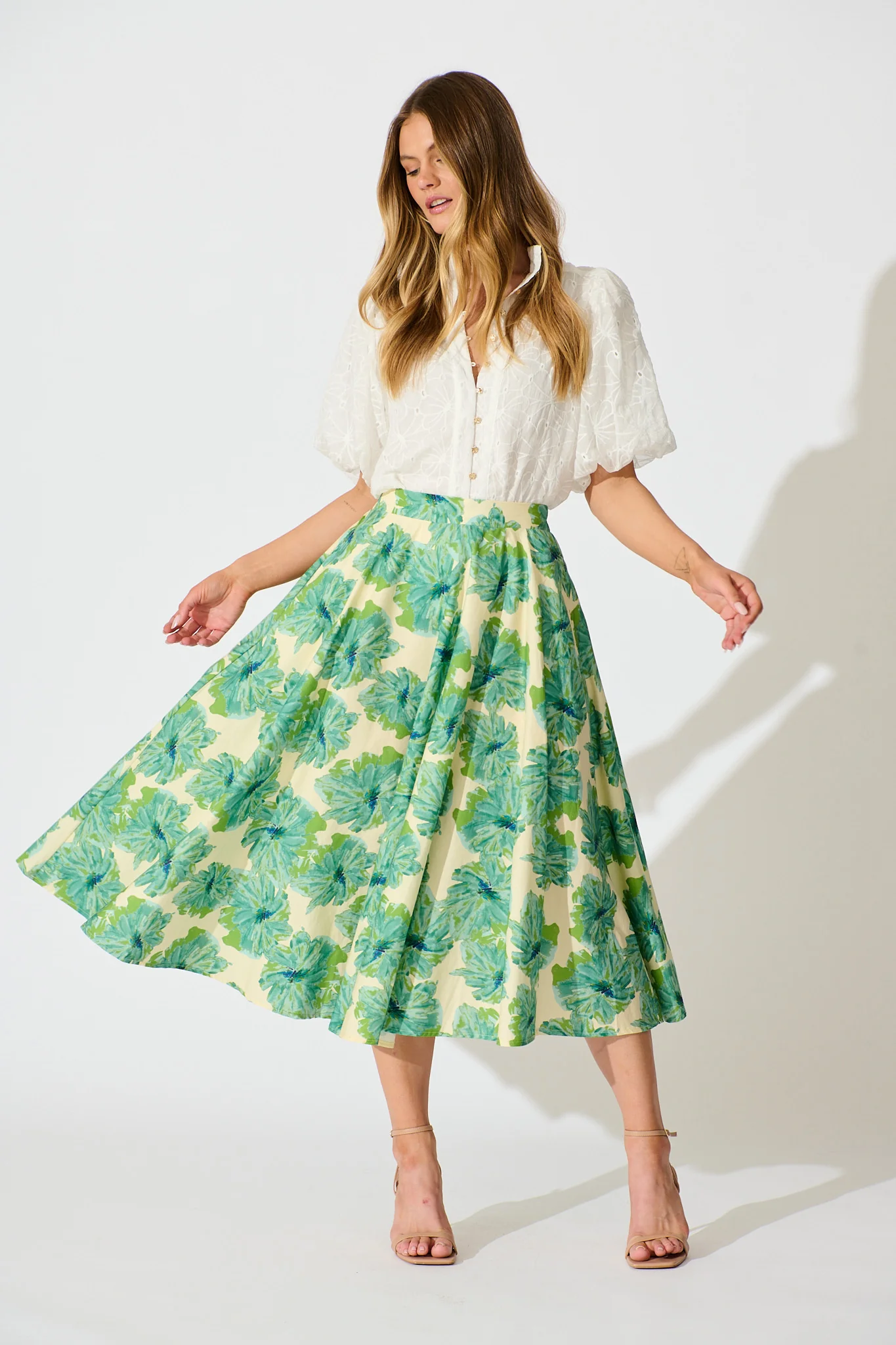 Sunlit Petals Midi Skirt in Green Floral Print Cotton - Image 4