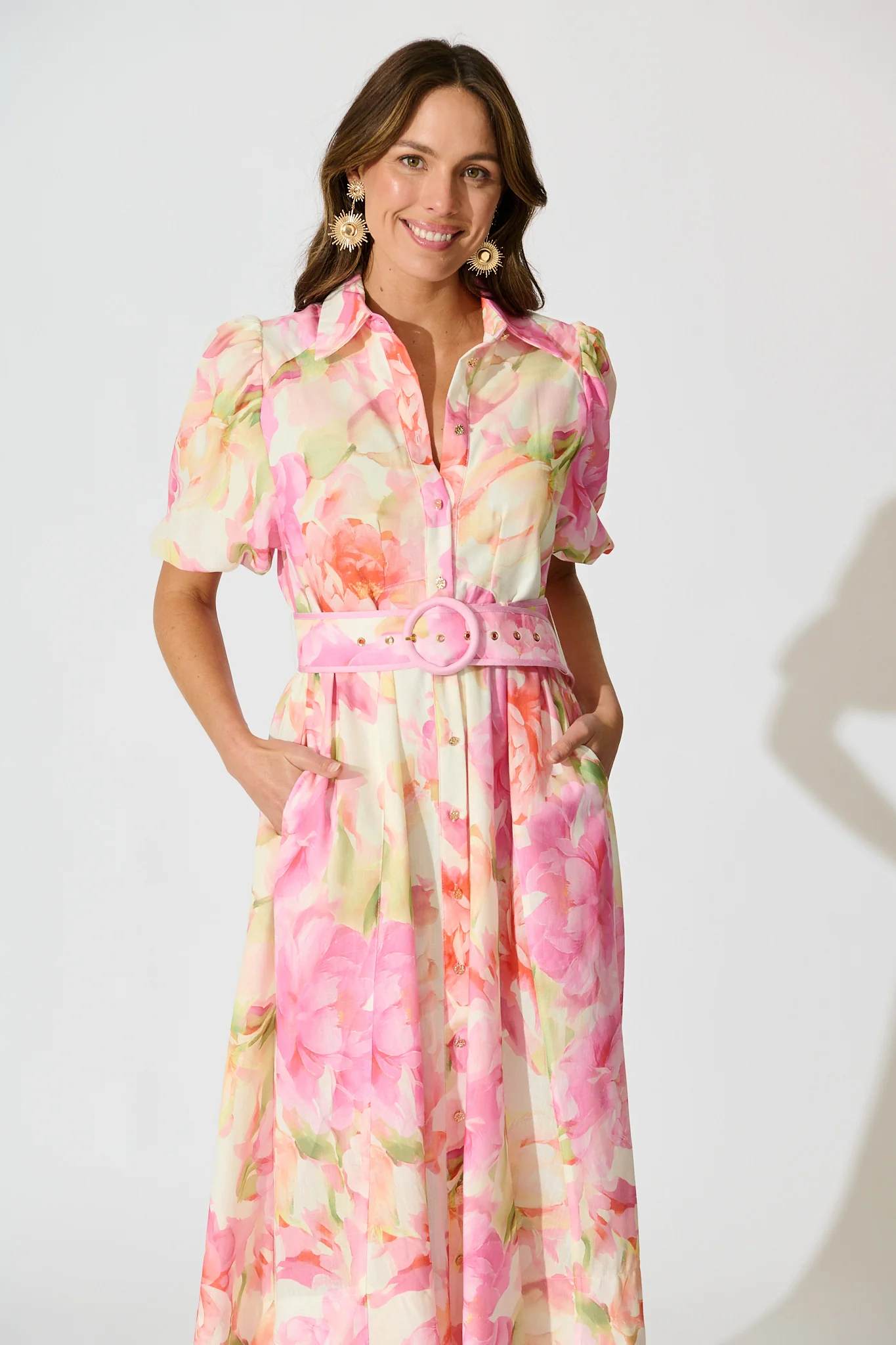Sunset Bouquet Maxi Shirt Dress in Pink Multi Floral Linen Blend - Image 2