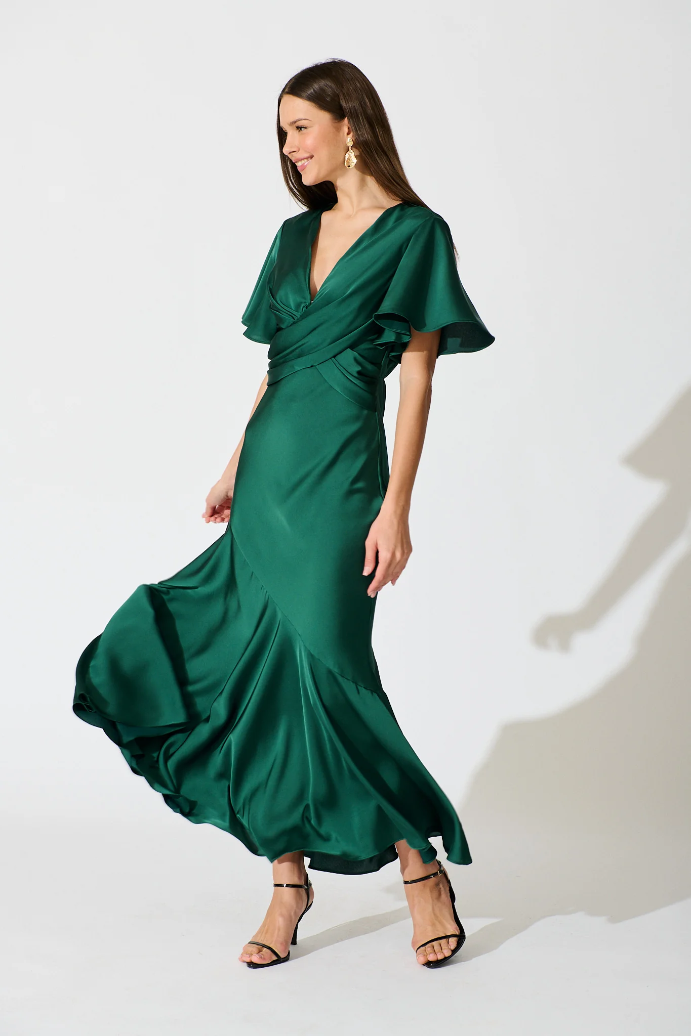 Sunset Serenade Maxi Dress in Emerald Satin - Image 3