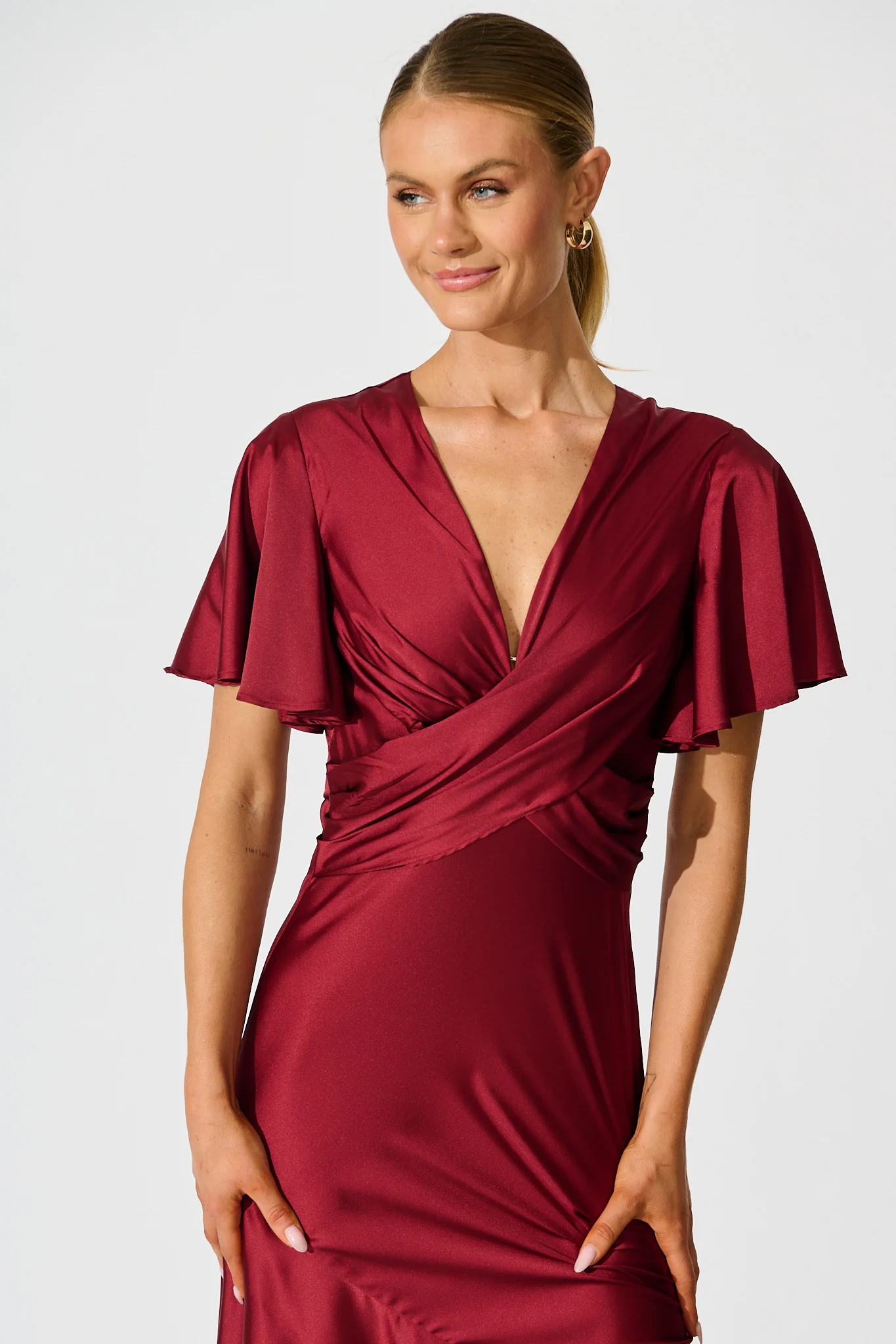 Sunset Serenade Maxi Dress in Wine Satin - Image 11