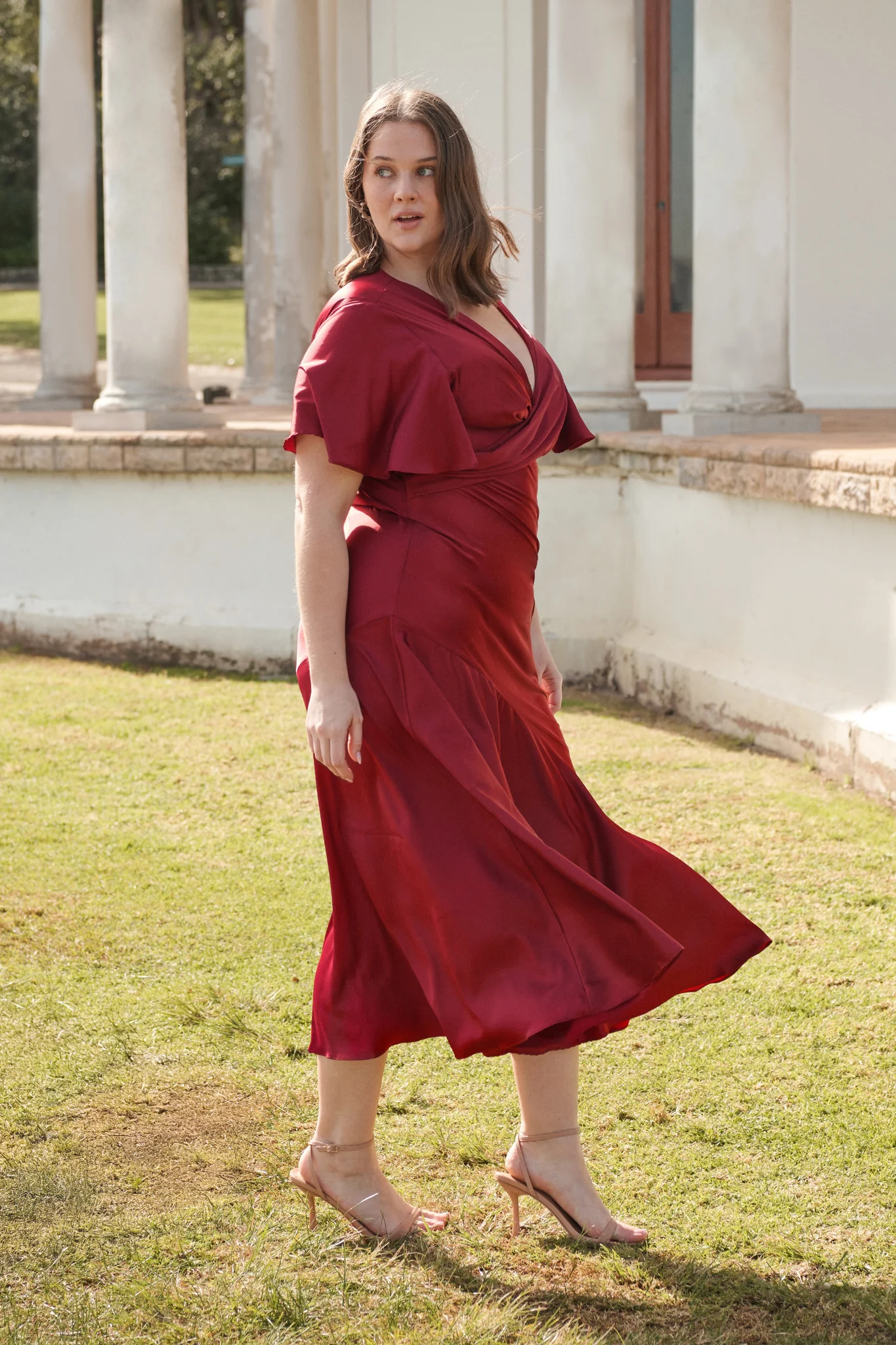 Sunset Serenade Maxi Dress in Wine Satin - Image 8