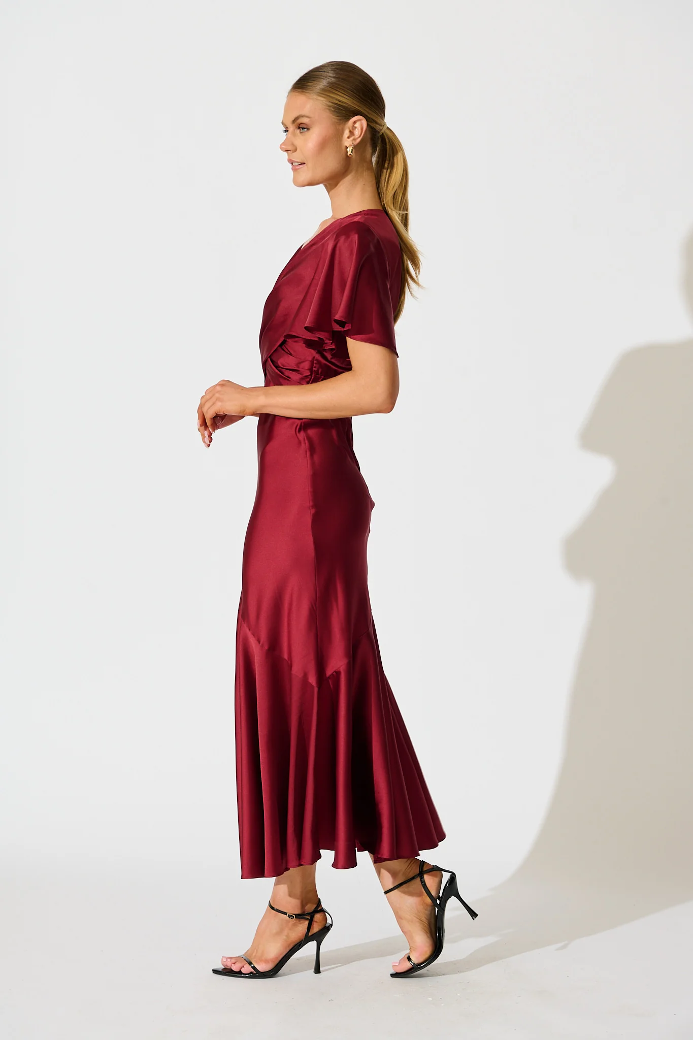Sunset Serenade Maxi Dress in Wine Satin - Image 9