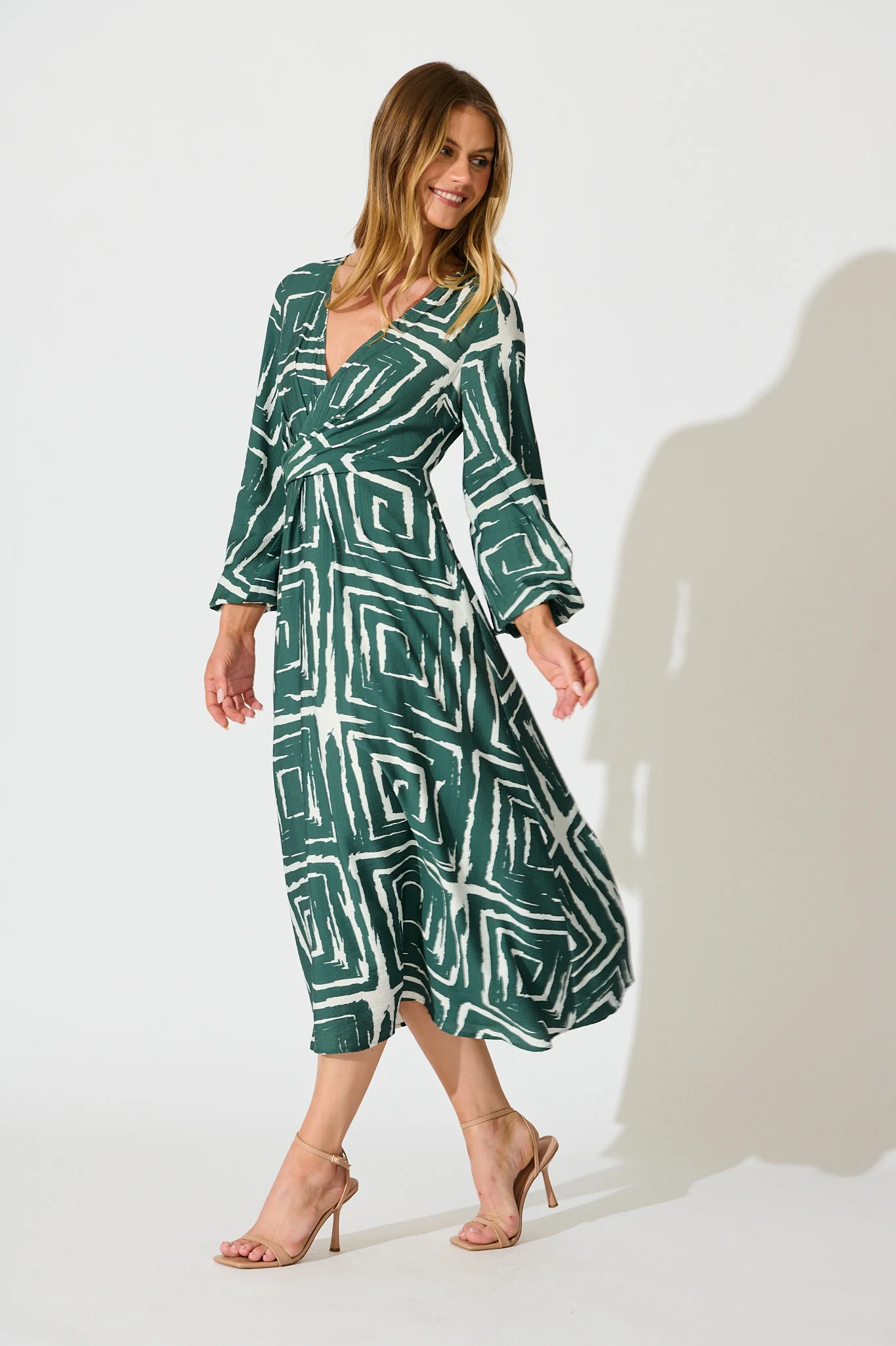 Suzanna Midi Dress in Green Geometric Print - Image 3