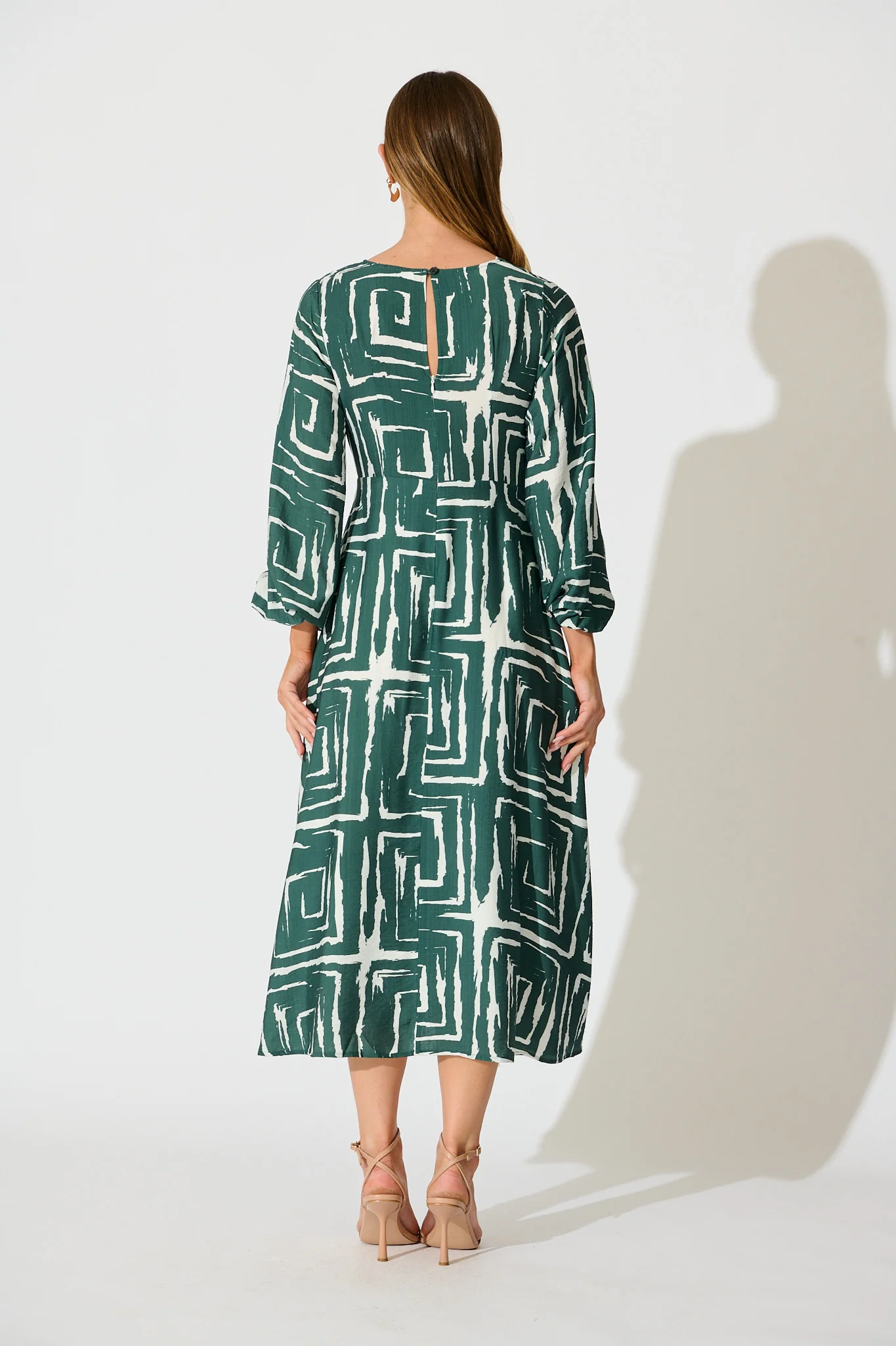 Suzanna Midi Dress in Green Geometric Print - Image 4