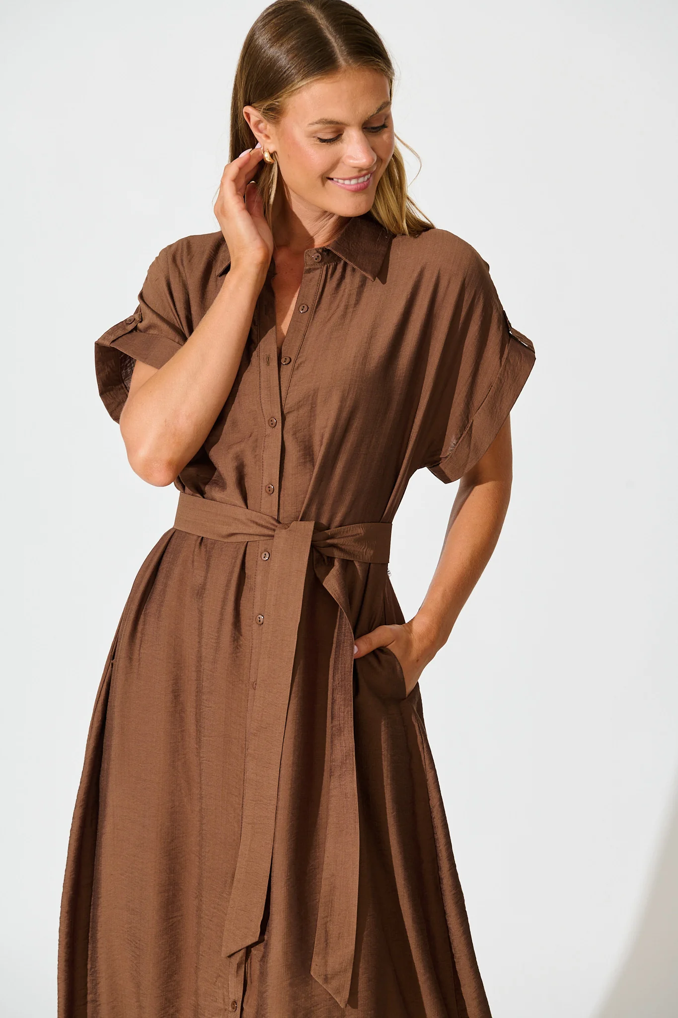 Sweet Talk Midi Shirt Dress in Chocolate - Image 2